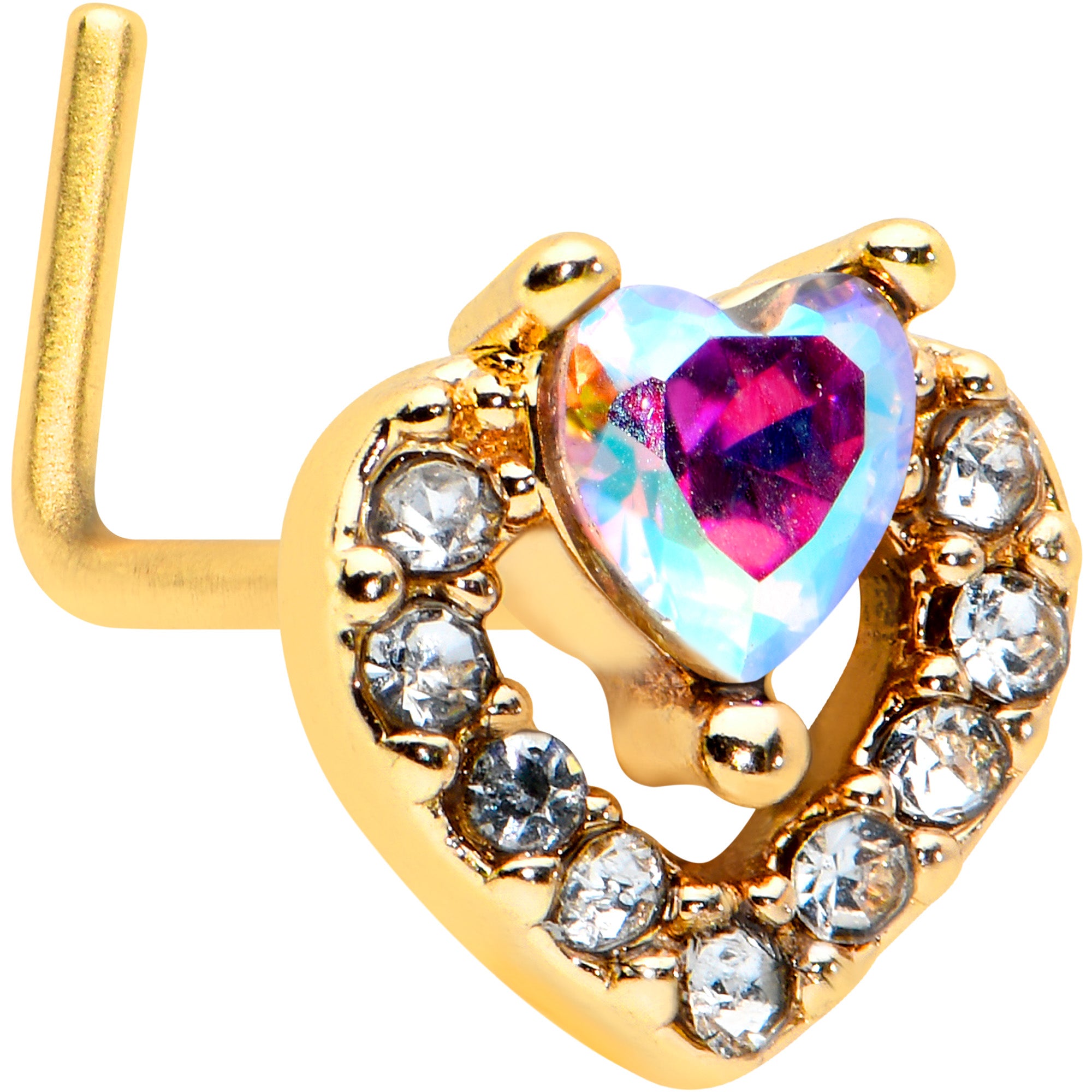 20G 1/4 Aurora Gem Gold Tone Rococo Heart L Shape Nose Ring