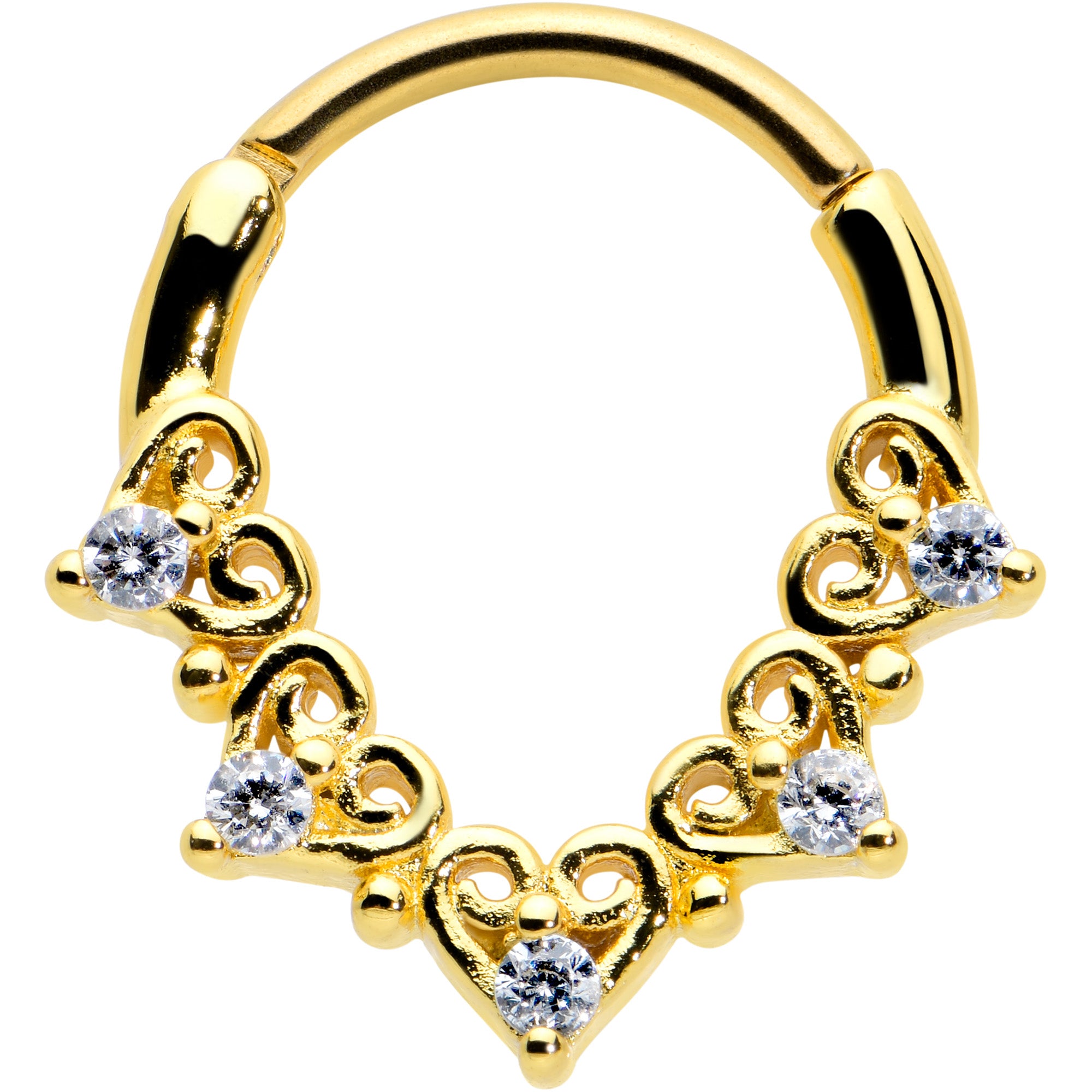 16G 3/8 Clear CZ Gem Gold Tone Heart Filigree Cartilage Clicker