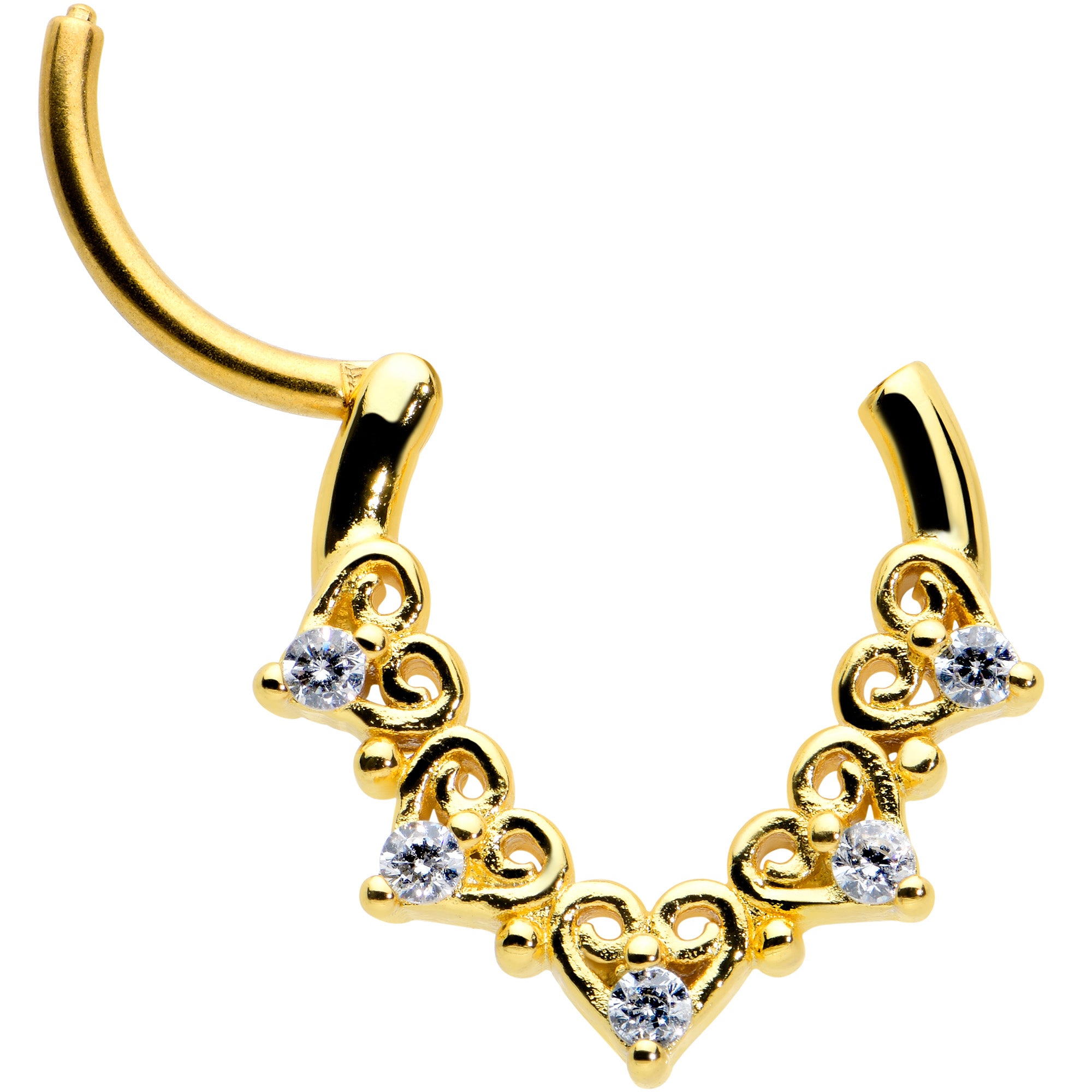 16G 3/8 Clear CZ Gem Gold Tone Heart Filigree Cartilage Clicker