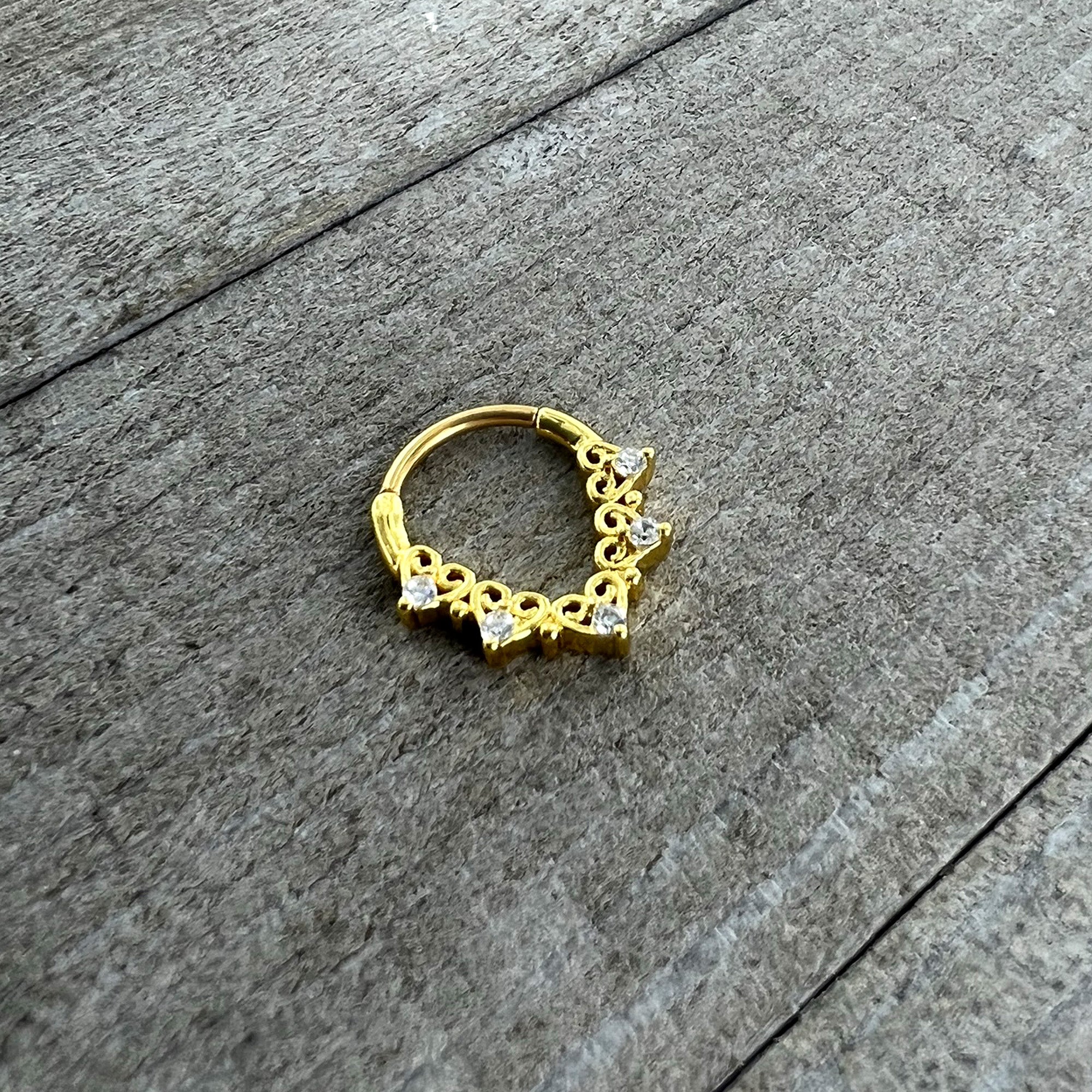 16G 3/8 Clear CZ Gem Gold Tone Heart Filigree Cartilage Clicker