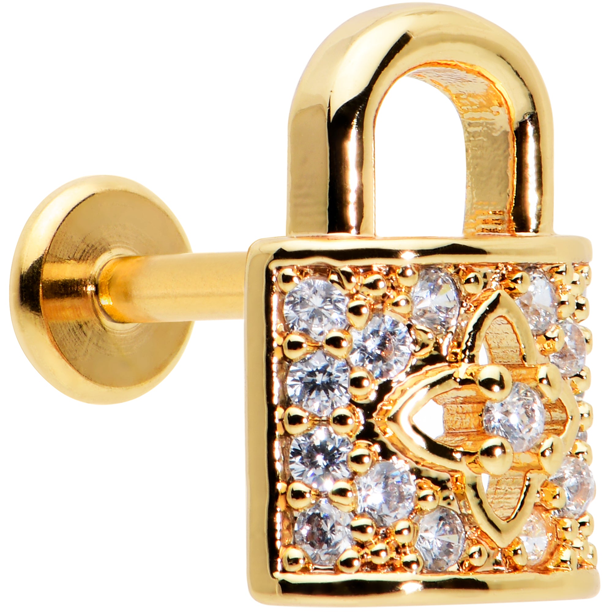 16G 1/4 Clear CZ Gem Gold Tone Lock It Up Labret