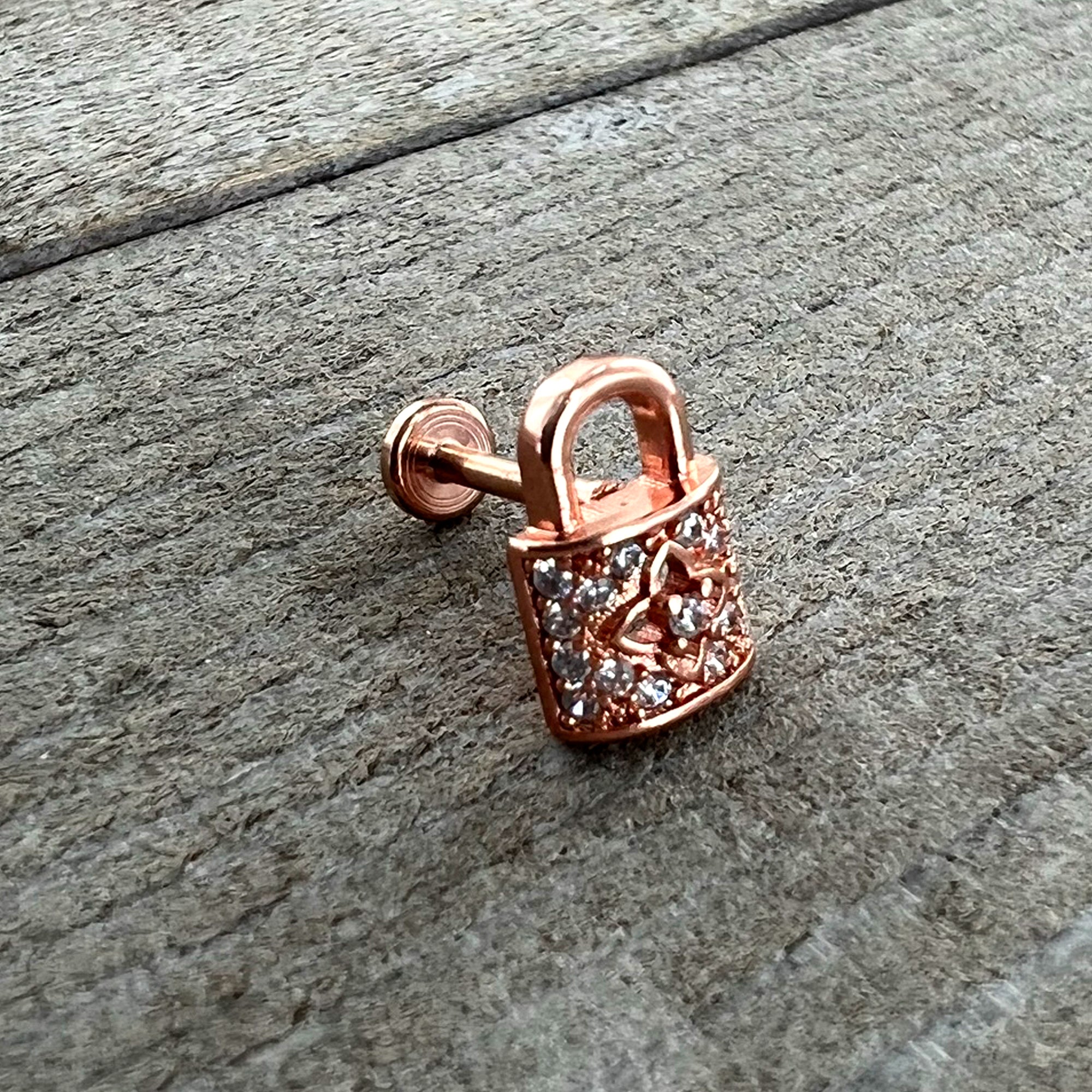 16G 1/4 Clear CZ Gem Rose Gold Tone Lock It Up Labret