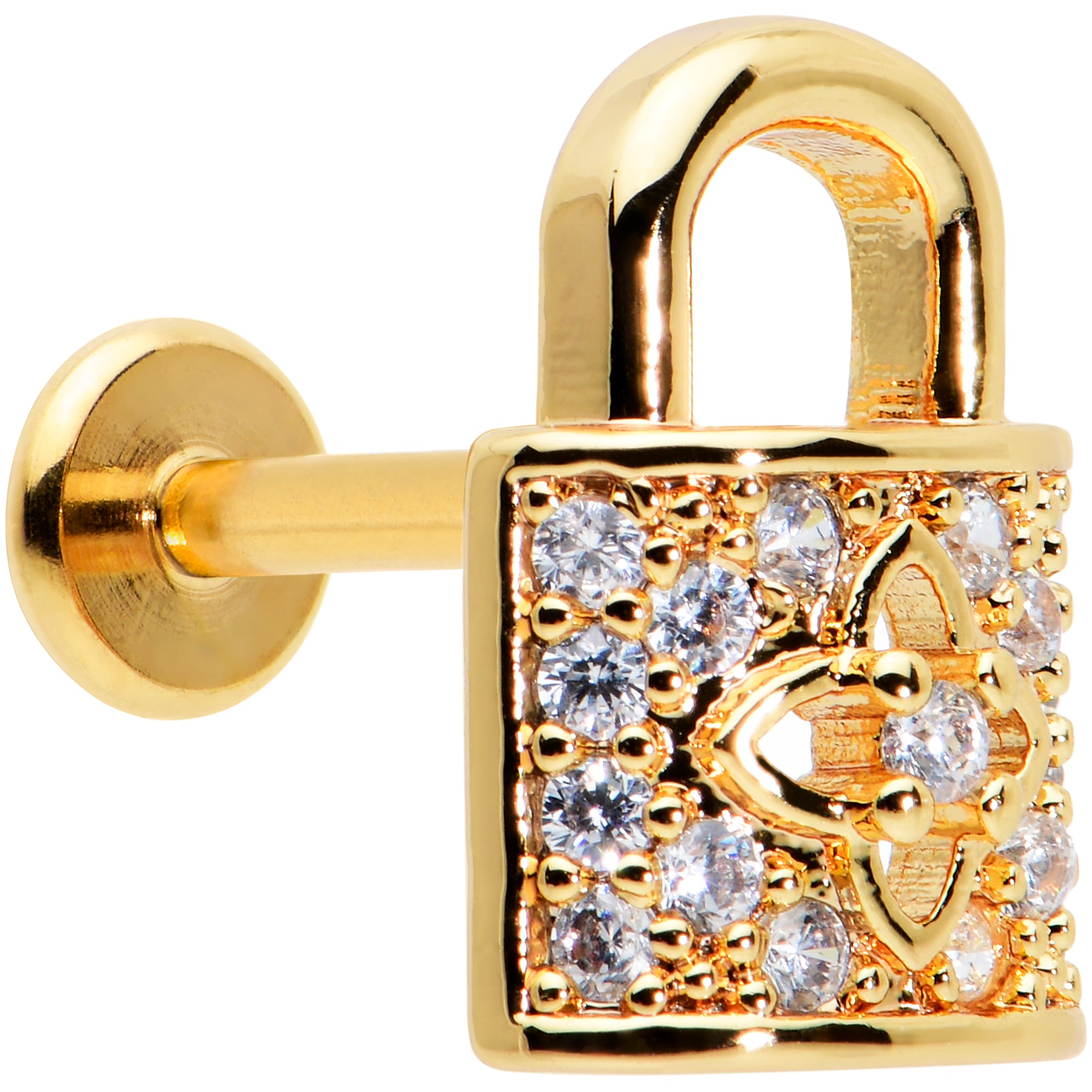 16G 5/16 Clear CZ Gem Gold Tone Lock It Up Labret Monroe Tragus