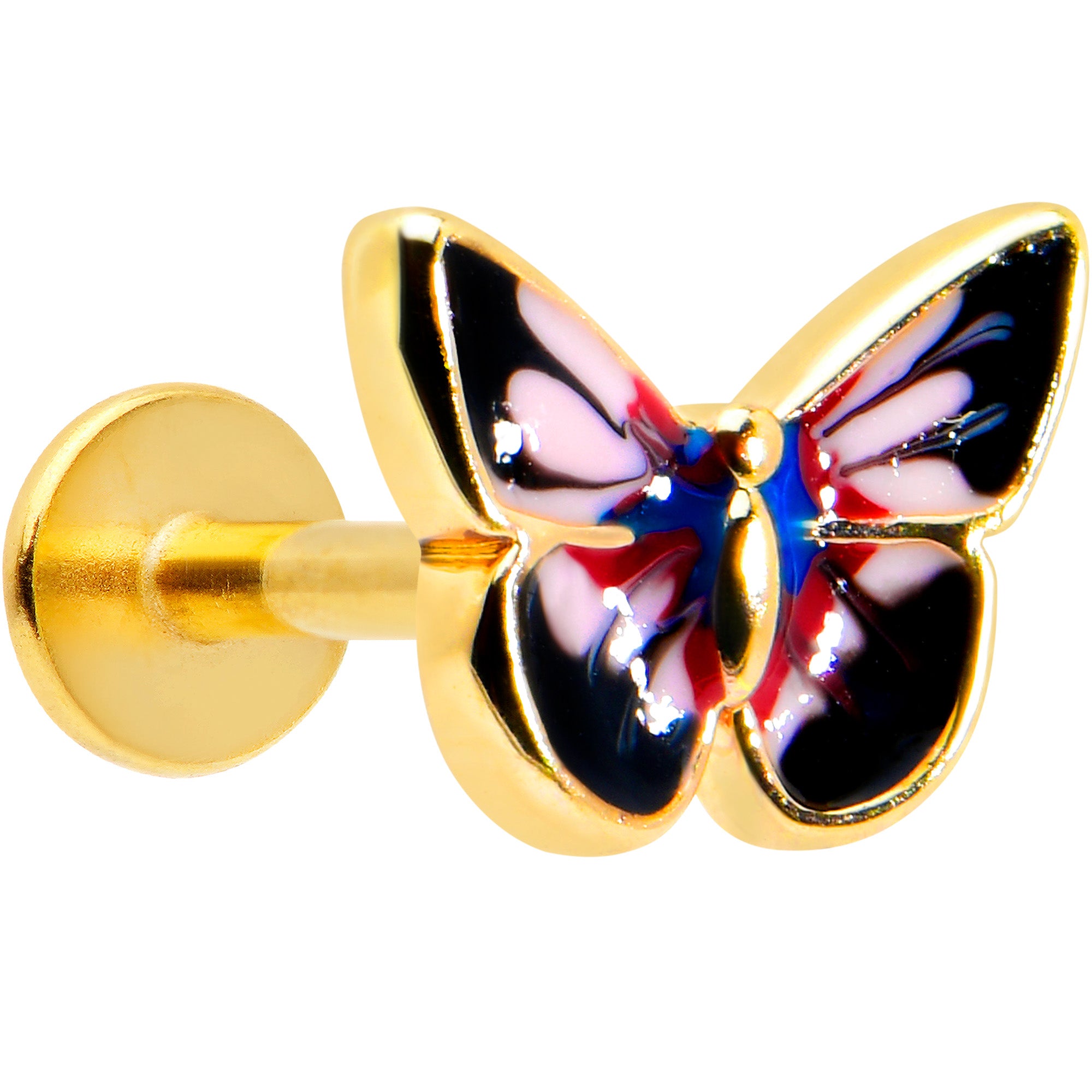16G 1/4 Gold Tone Red Pink Blue Butterfly Labret Monroe Tragus