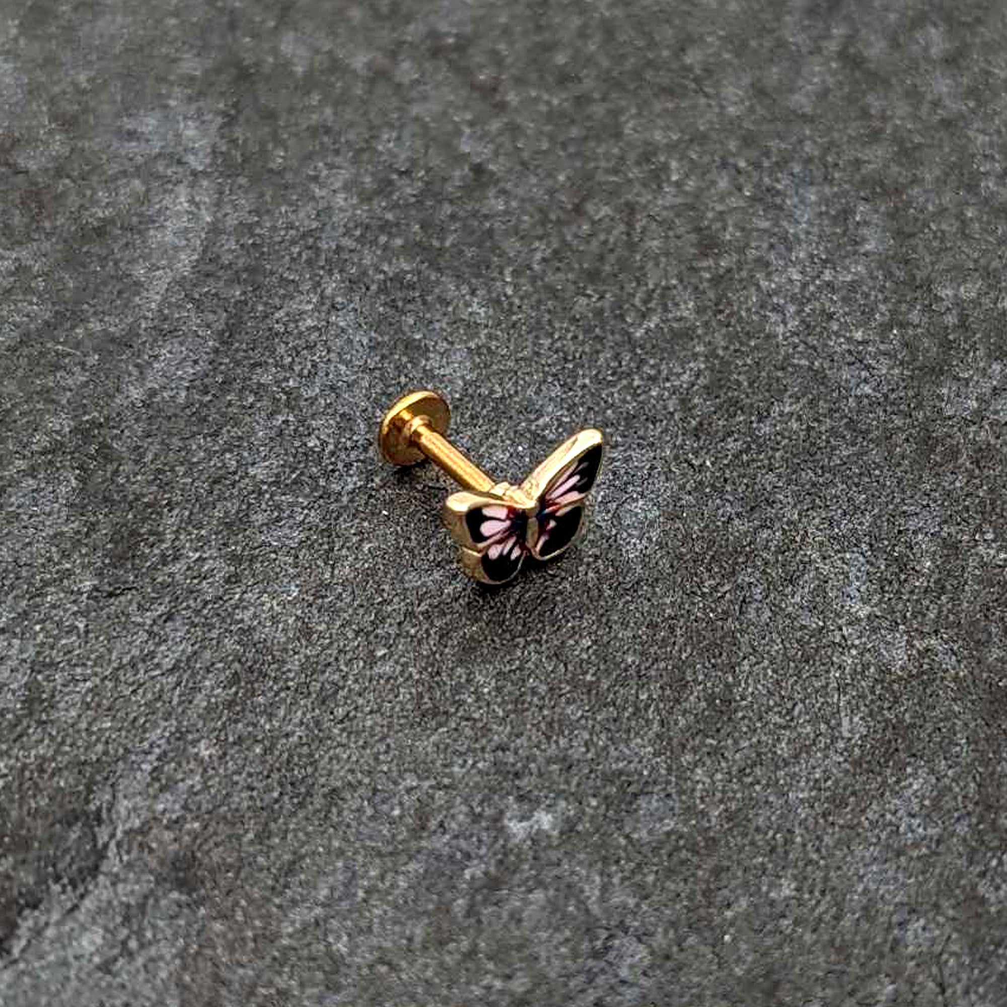 16G 1/4 Gold Tone Red Pink Blue Butterfly Labret Monroe Tragus