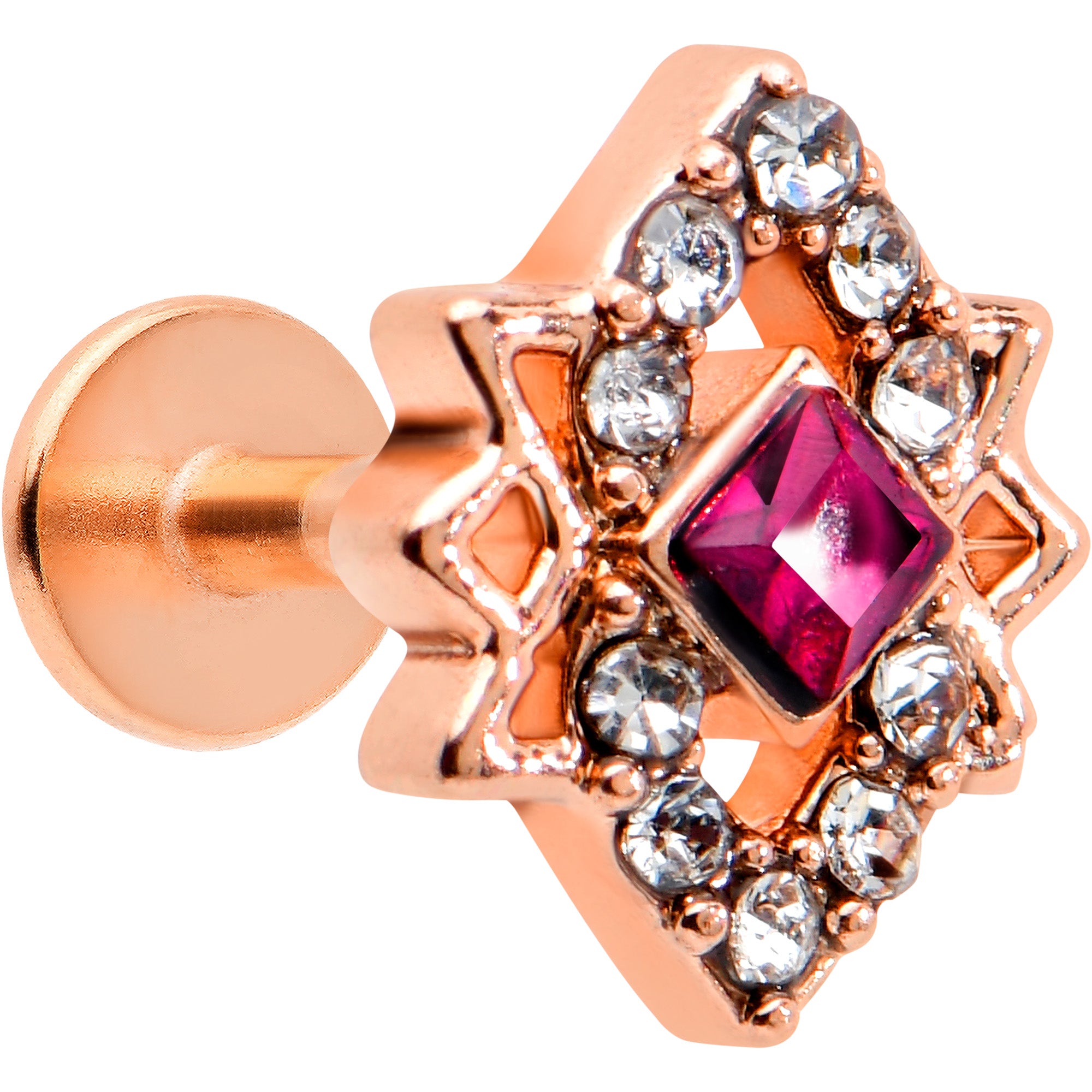 16G 1/4 Red Gem Rose Gold Tone Octogram Star Labret Monroe Tragus