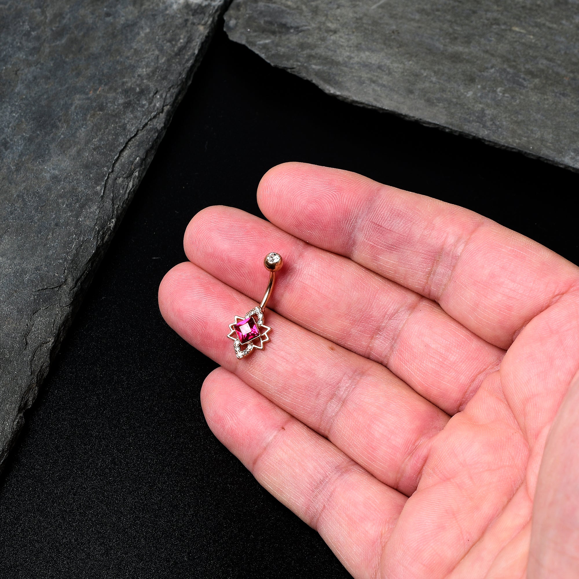 Clear Red Gem Rose Gold Tone Octagram Star Belly Ring