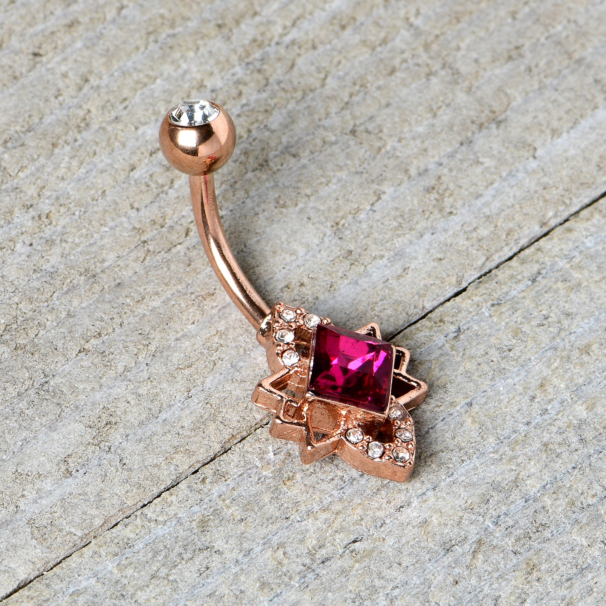 Clear Red Gem Rose Gold Tone Octagram Star Belly Ring