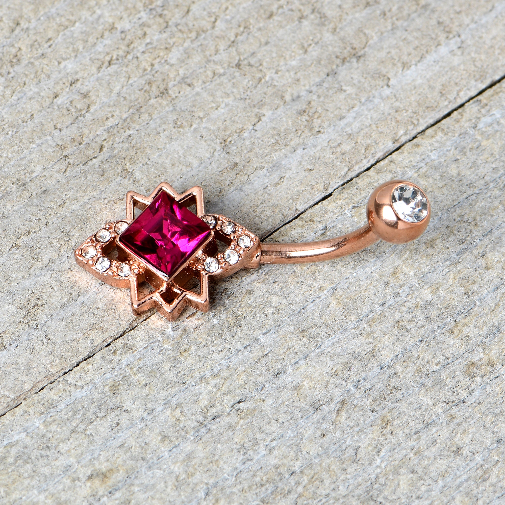 Clear Red Gem Rose Gold Tone Octagram Star Belly Ring