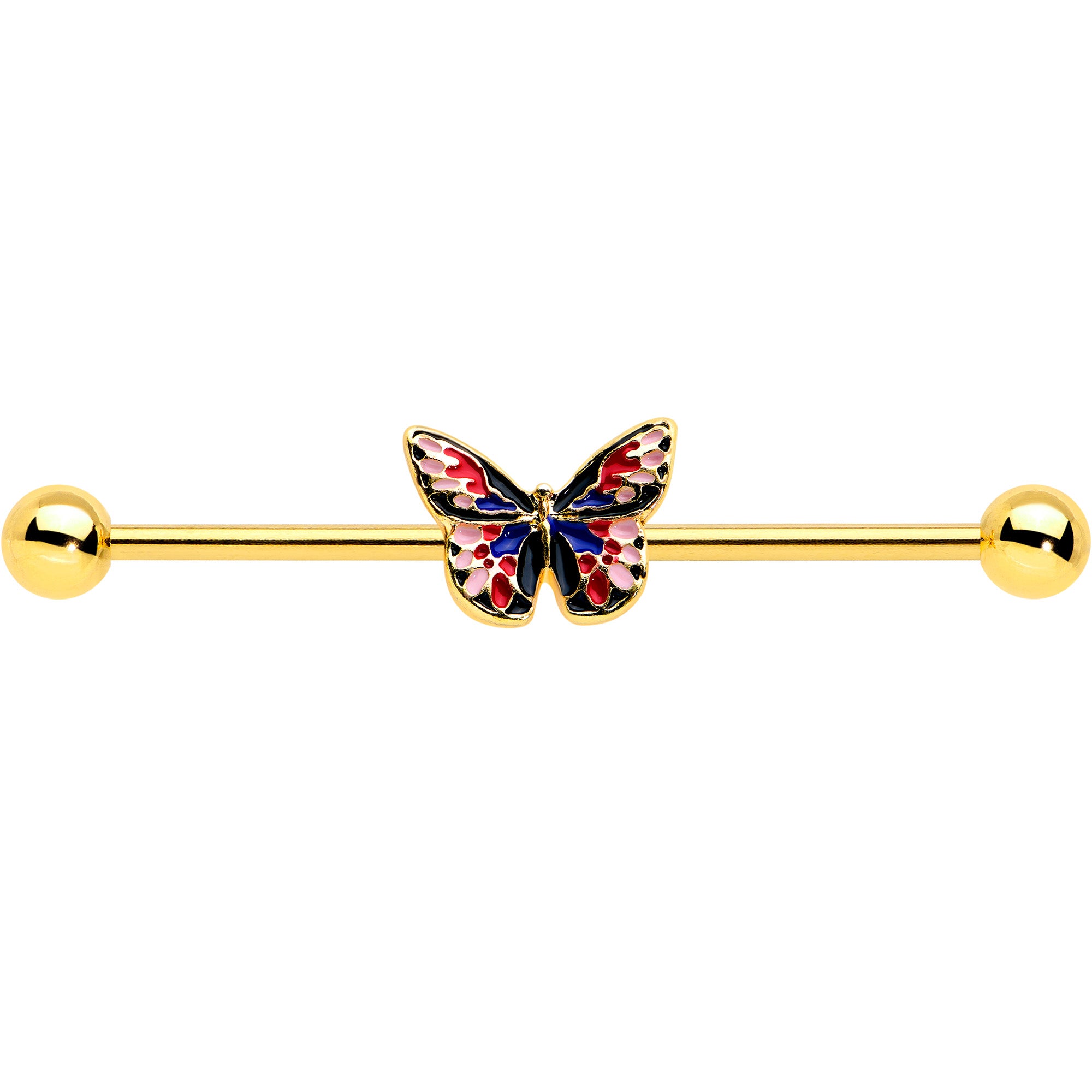 14G Gold Tone Red Blue Pink Butterfly Industrial Barbell 38mm