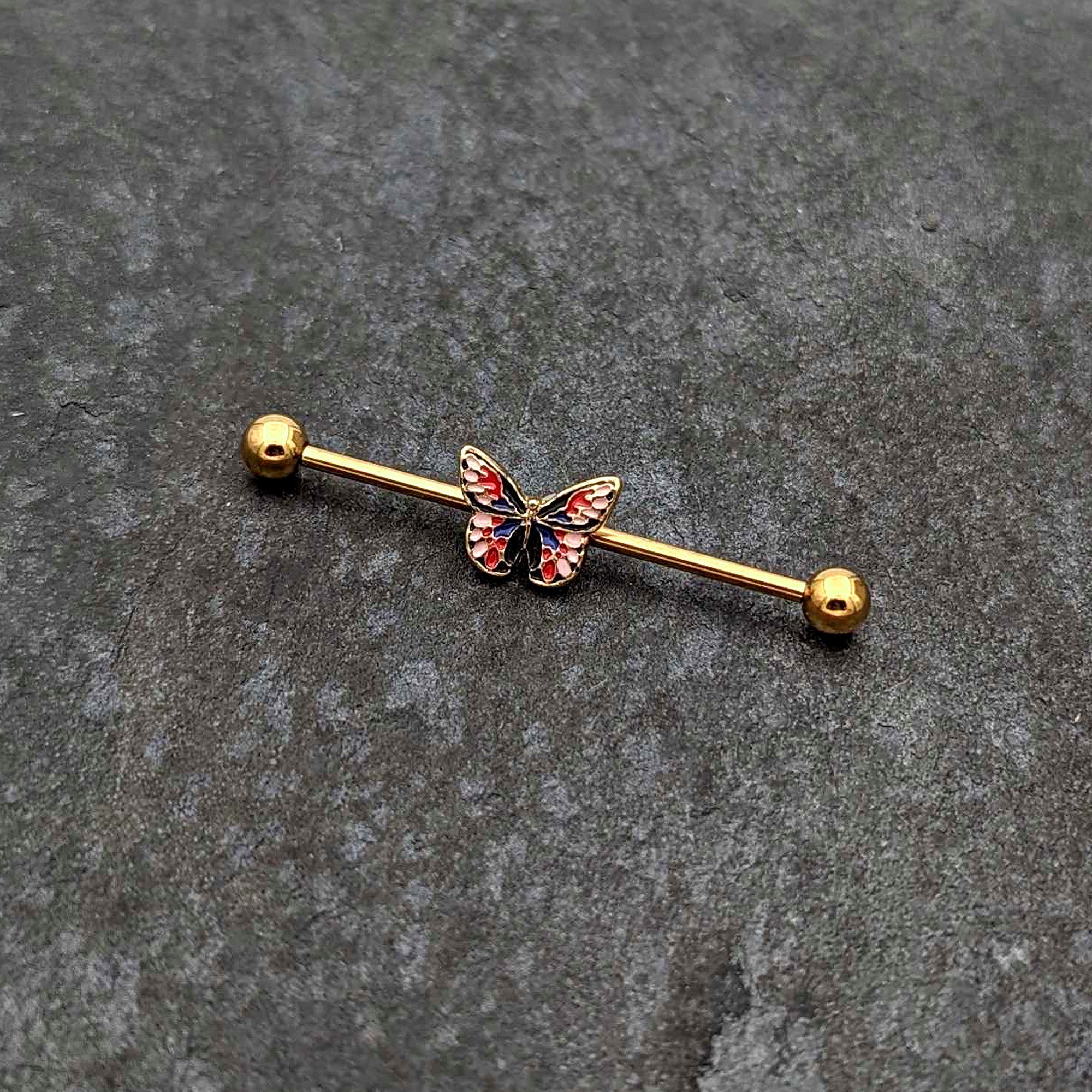 14G Gold Tone Red Blue Pink Butterfly Industrial Barbell 38mm