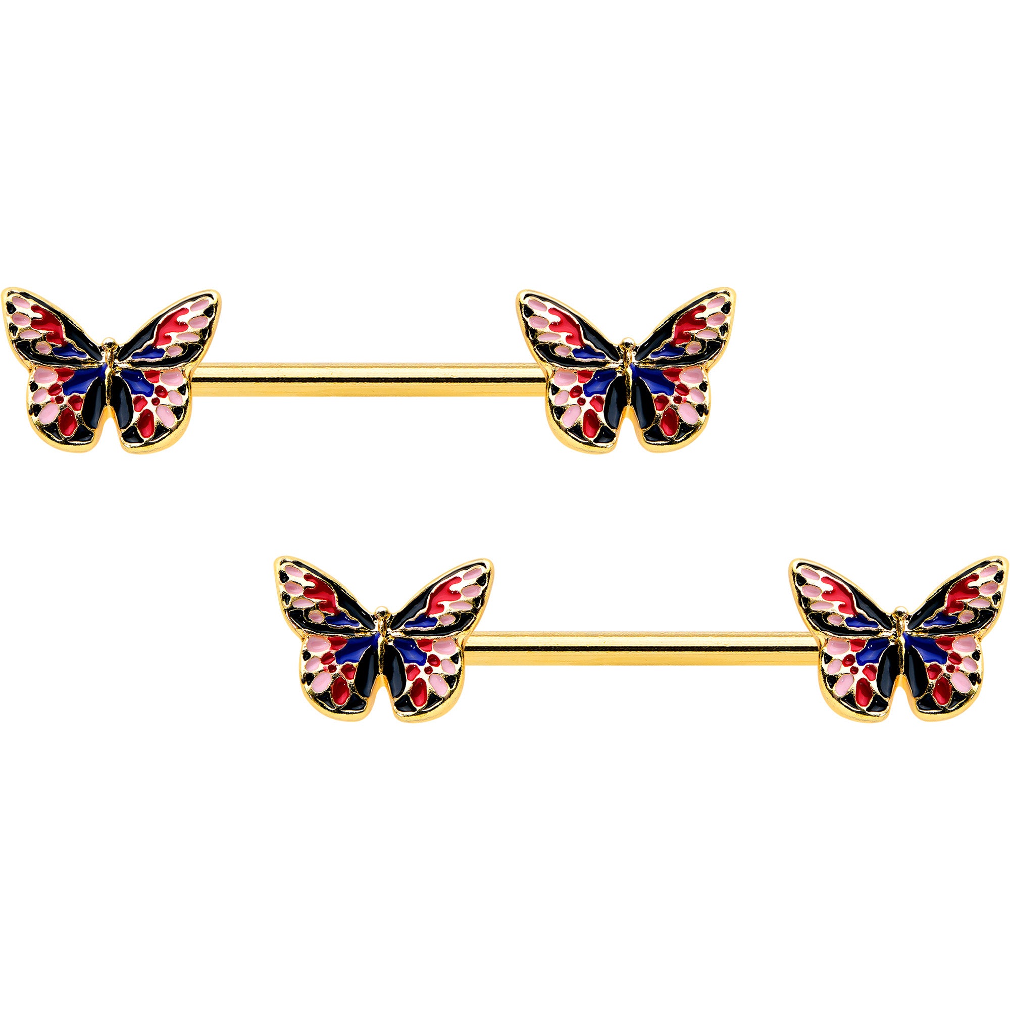 14G 5/8 Gold Tone Pink Blue Red Butterfly Barbell Nipple Ring Set