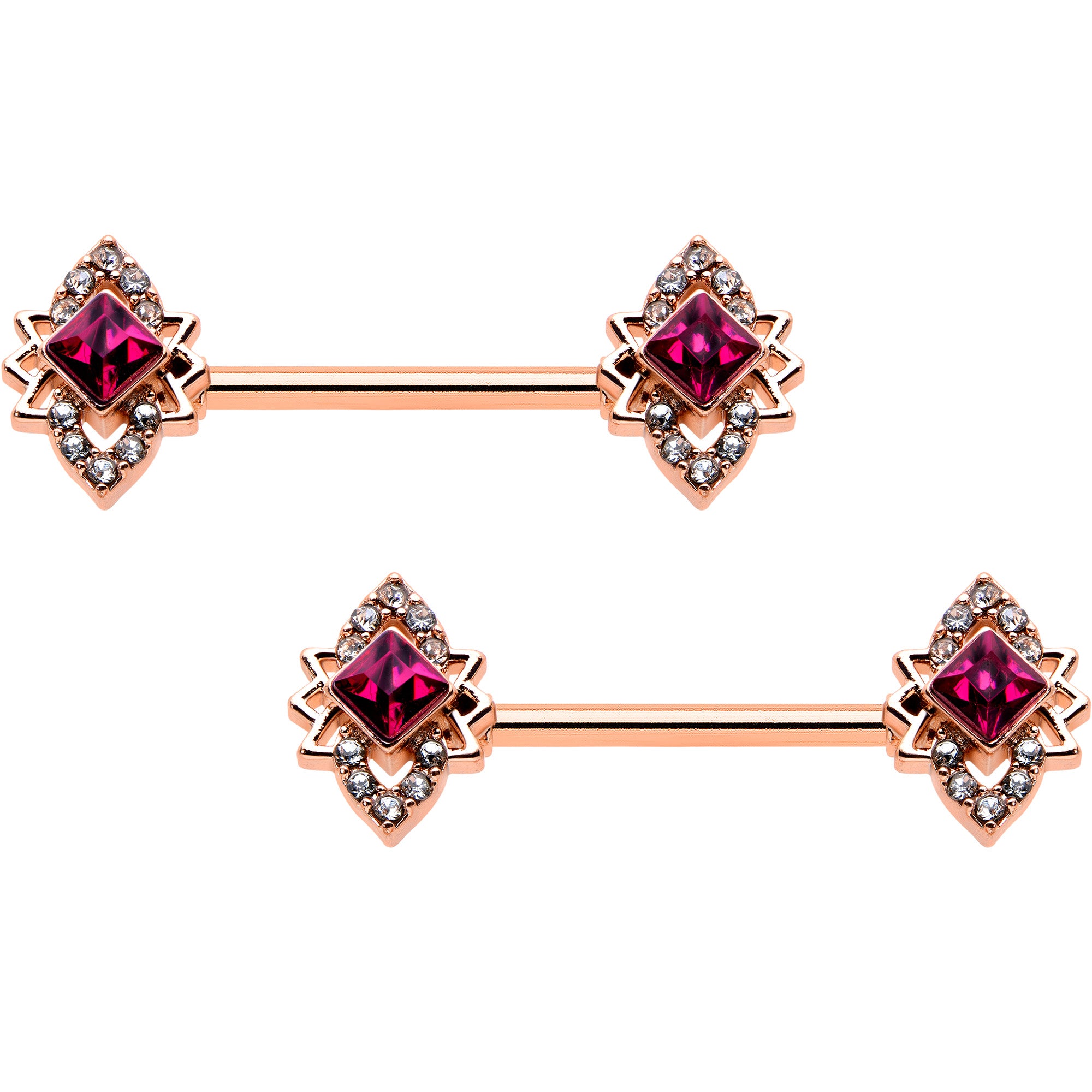 14G 9/16 Red Gem Rosy Tone Octogram Star Barbell Nipple Ring Set