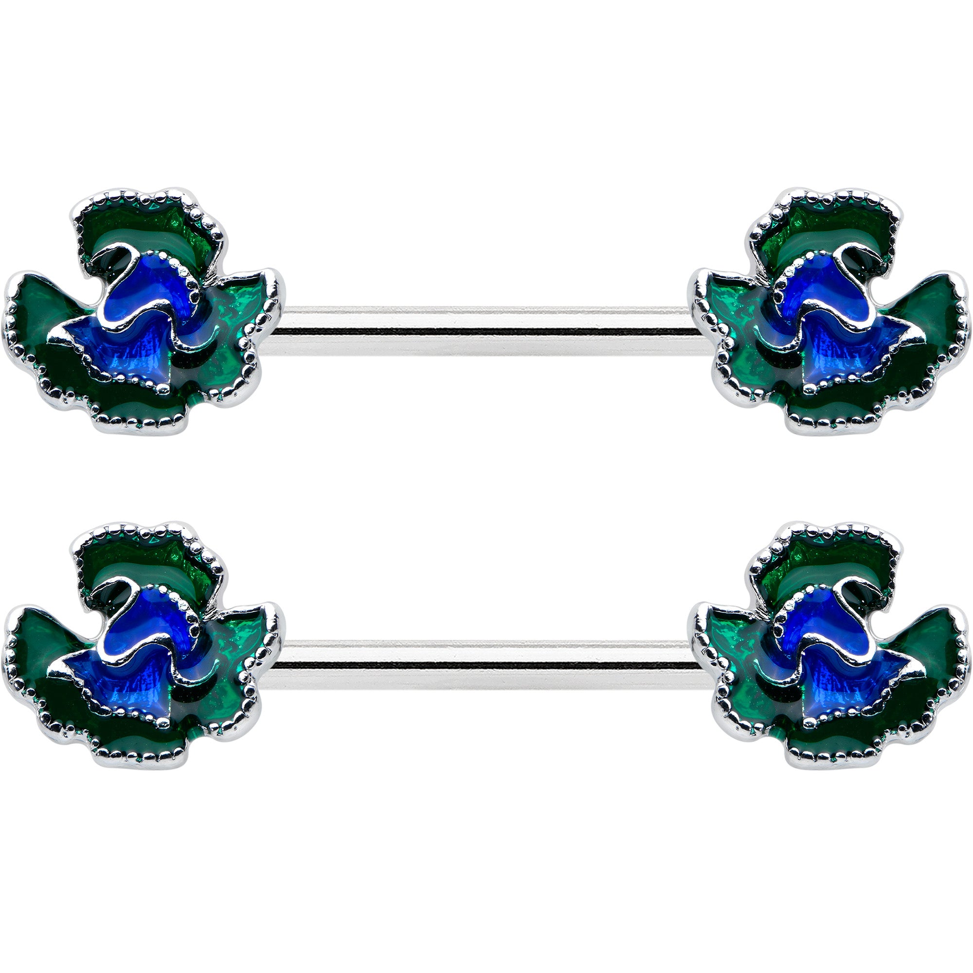 14G 9/16 Spring Flower Blue Green Barbell Nipple Ring Set