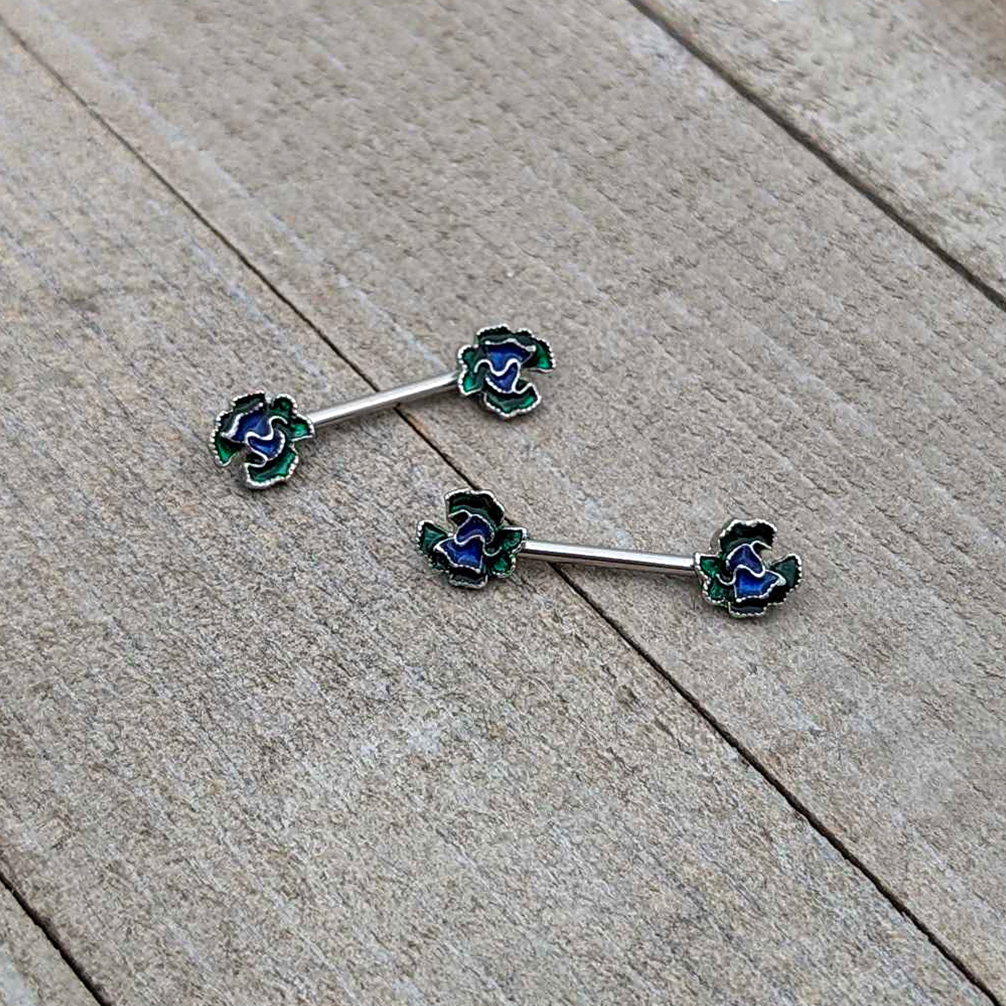 14G 9/16 Spring Flower Blue Green Barbell Nipple Ring Set