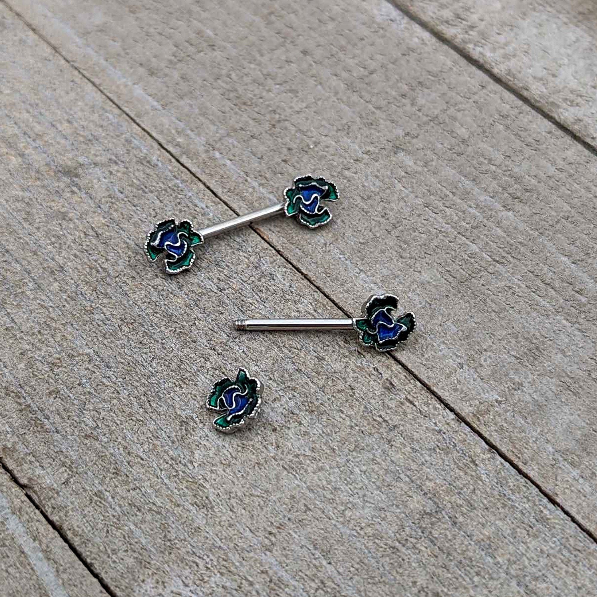 14G 9/16 Spring Flower Blue Green Barbell Nipple Ring Set