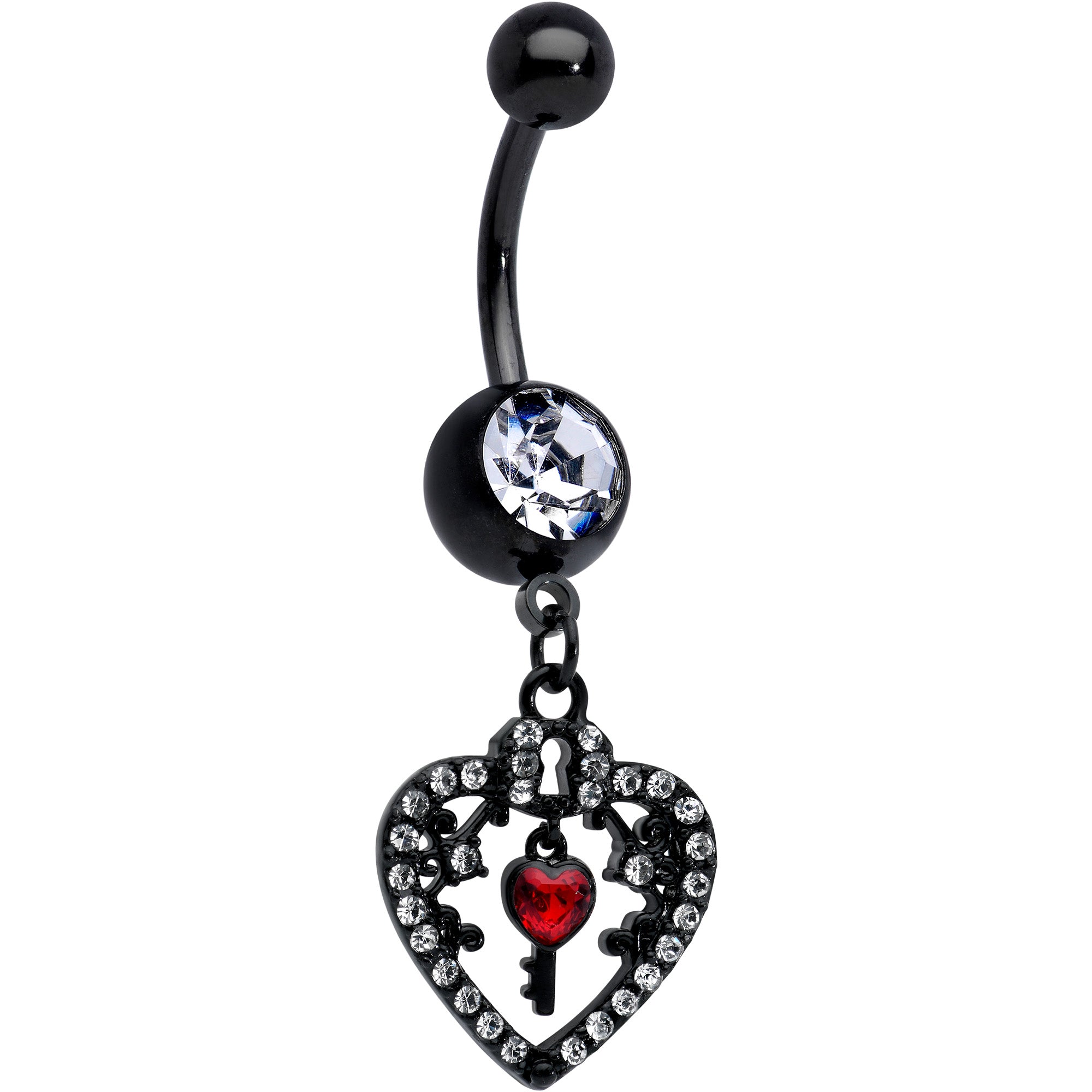 Clear Red Gem Black Heart Key Valentines Dangle Belly Ring
