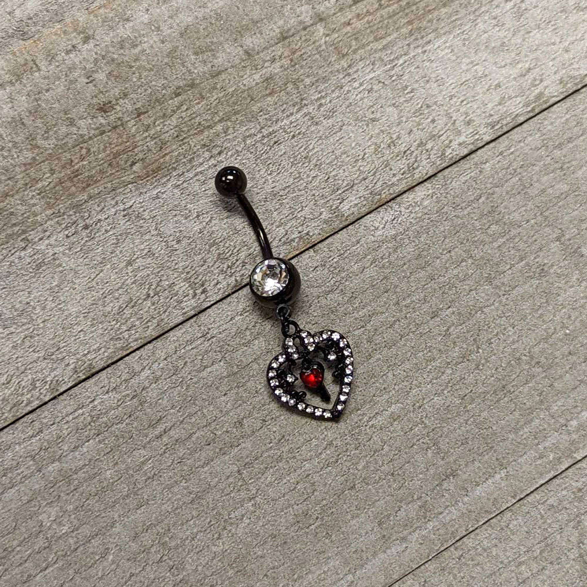 Clear Red Gem Black Heart Key Valentines Dangle Belly Ring