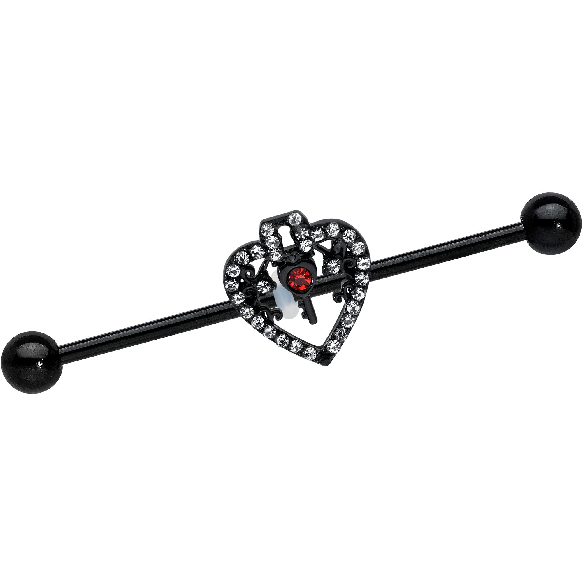 14G Clear Red Gem Black Key Heart Industrial Barbell 38mm