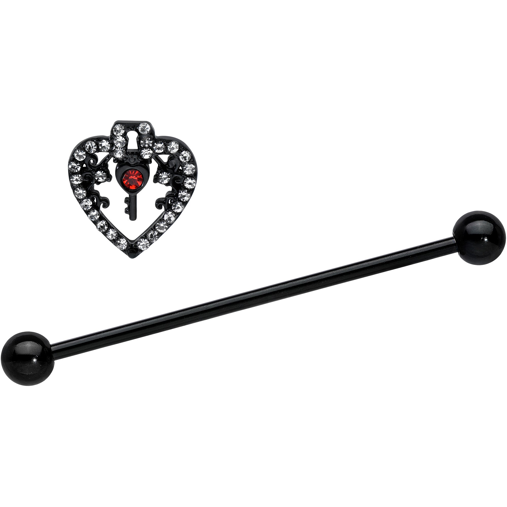 14G Clear Red Gem Black Key Heart Industrial Barbell 38mm