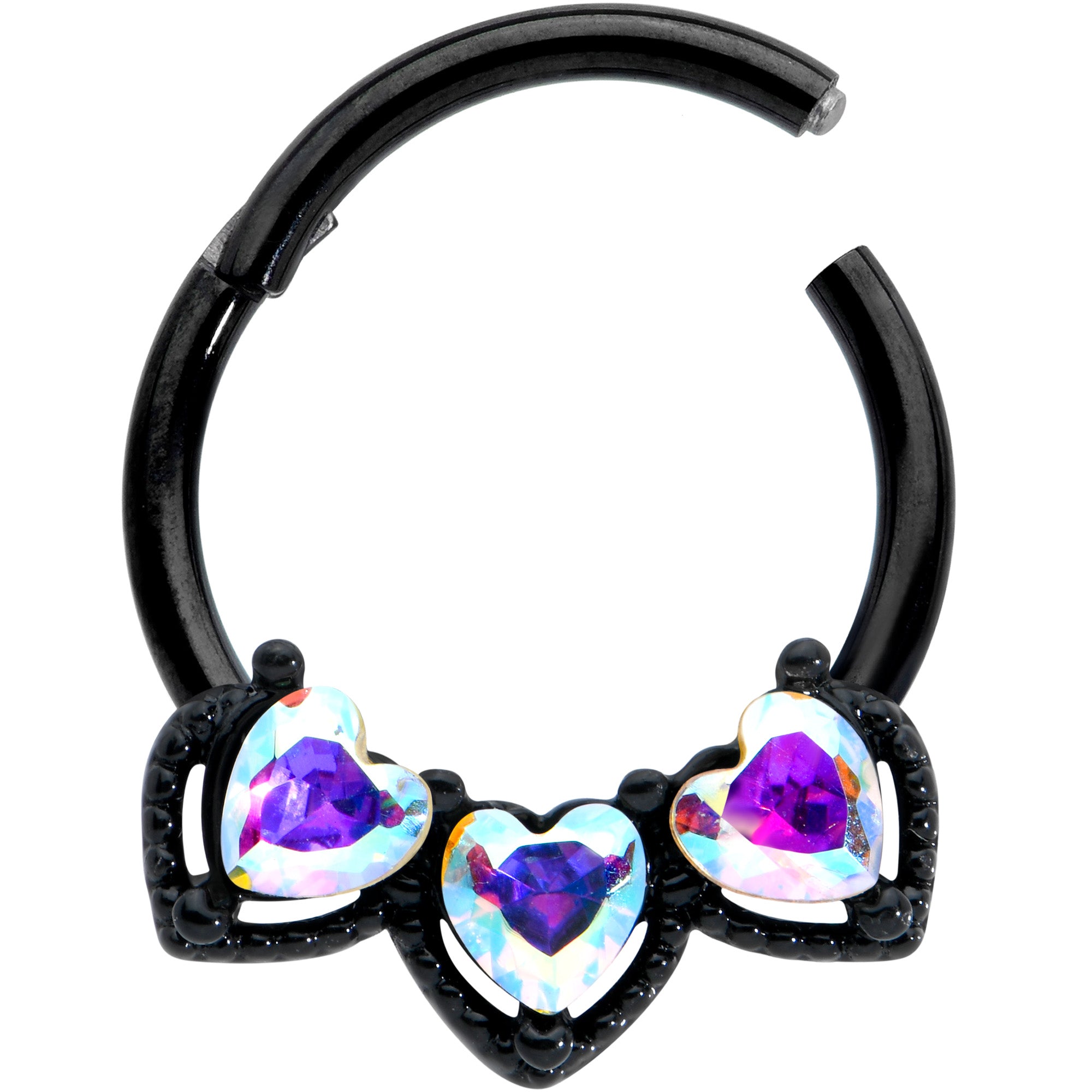 16G 3/8 Aurora Gem Black Rococo Trio Heart Hinged Segment Ring