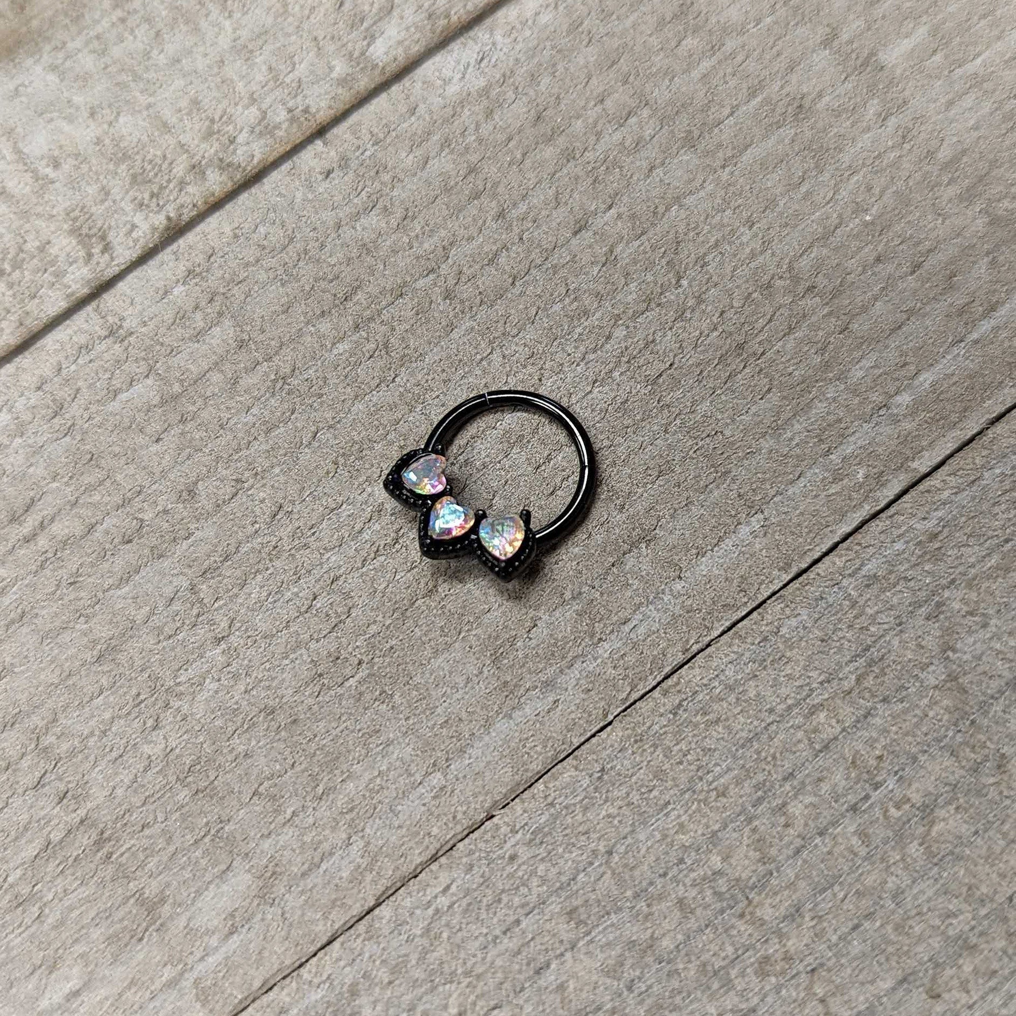 16G 3/8 Aurora Gem Black Rococo Trio Heart Hinged Segment Ring