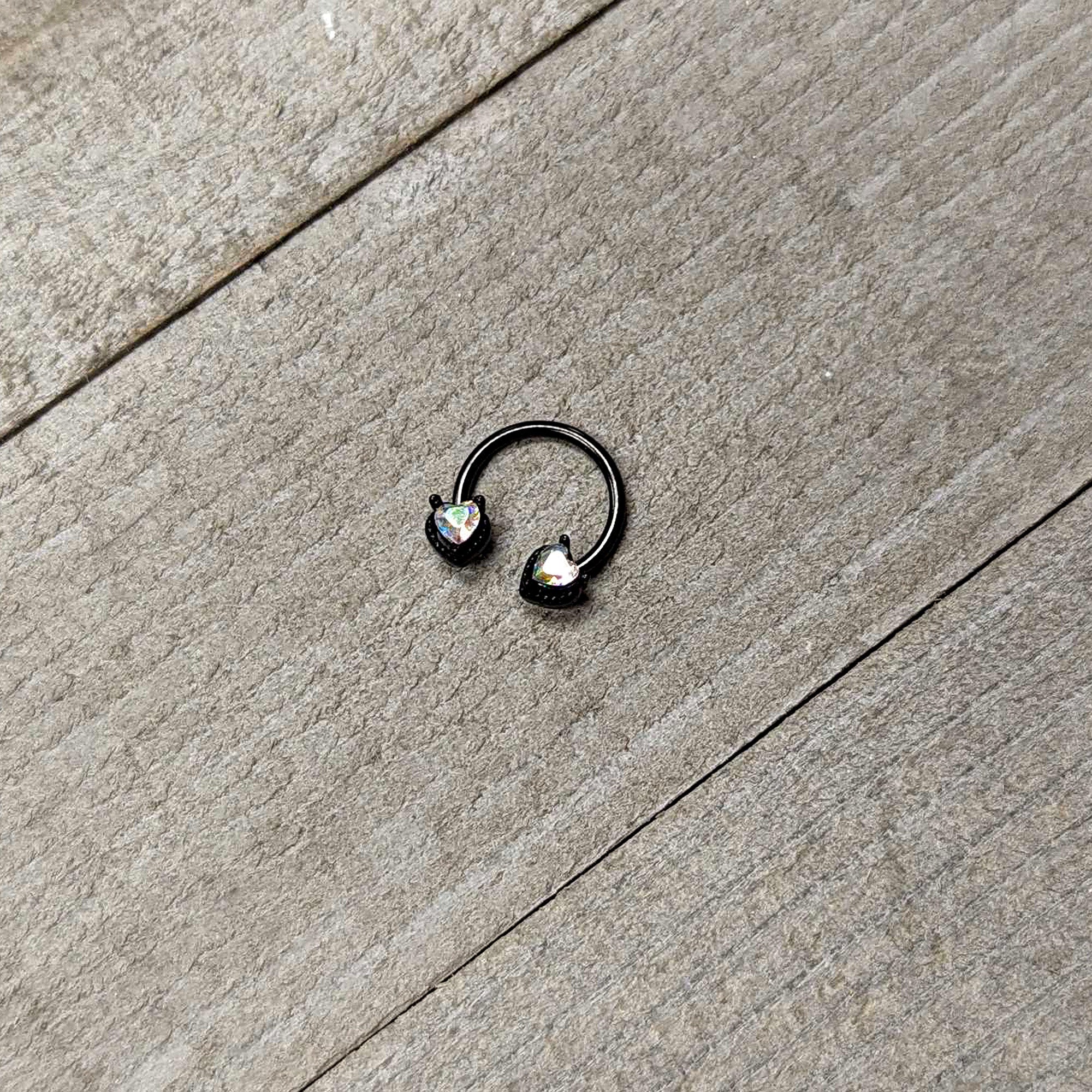 16G 3/8 Aurora Gem Black Heart Ends Horseshoe Circular Barbell