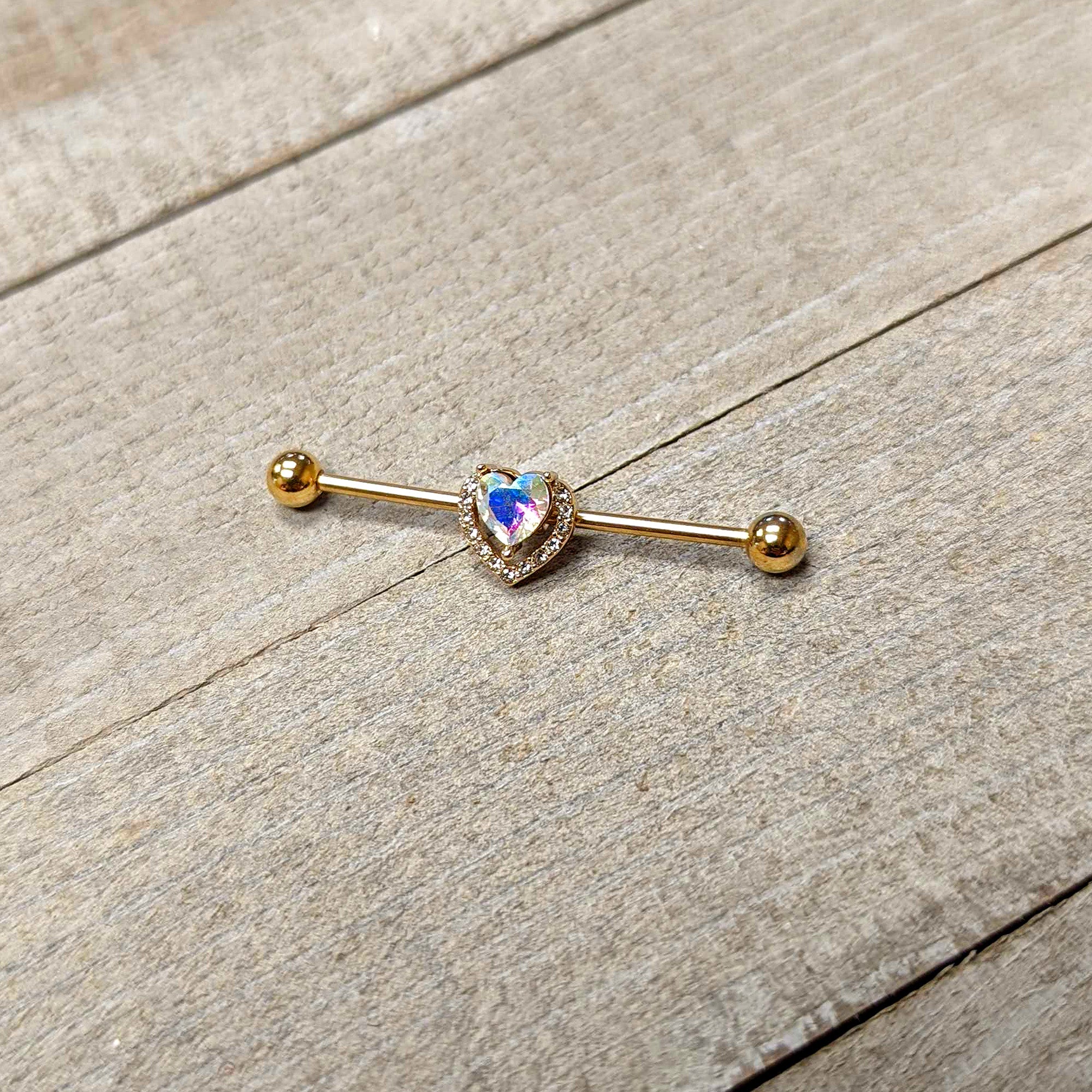14G Aurora Gem Gold Hue Rococo Heart Industrial Barbell 38mm