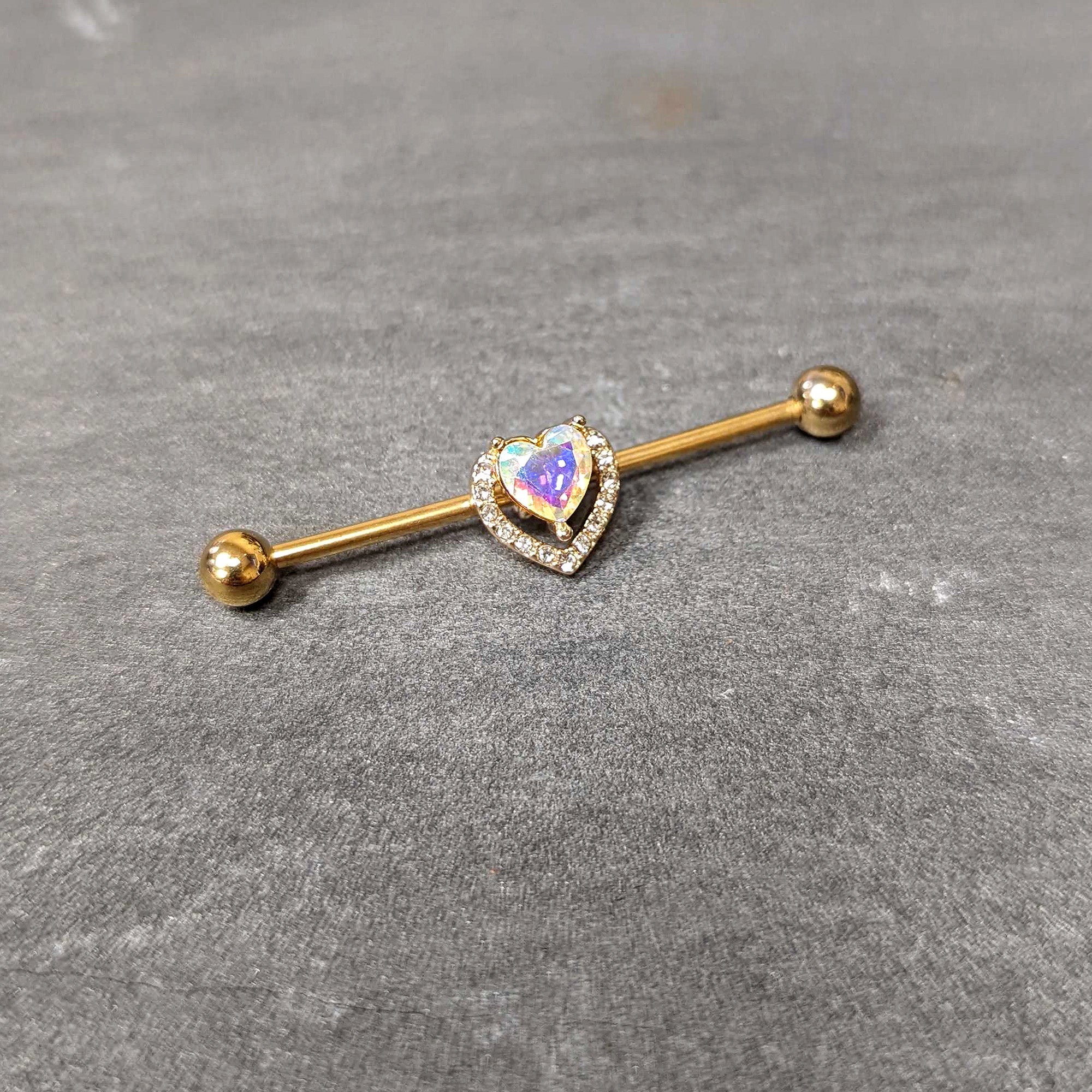 14G Aurora Gem Gold Hue Rococo Heart Industrial Barbell 38mm