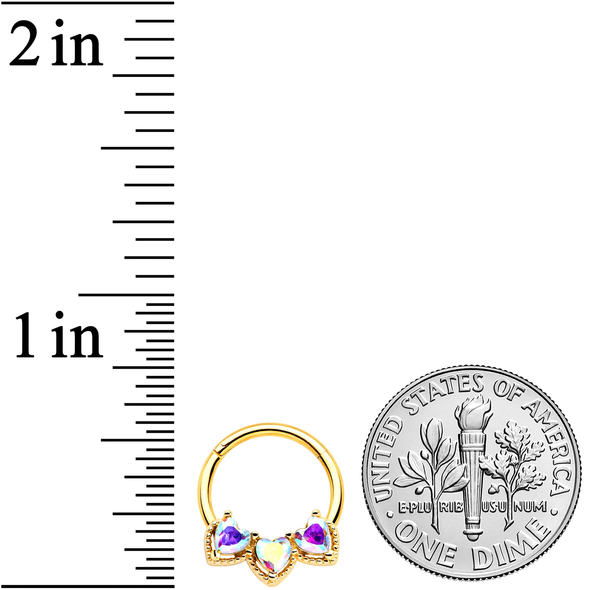 16G 3/8 Aurora Gem Gold Hue Rococo Trio Heart Hinged Segment Ring