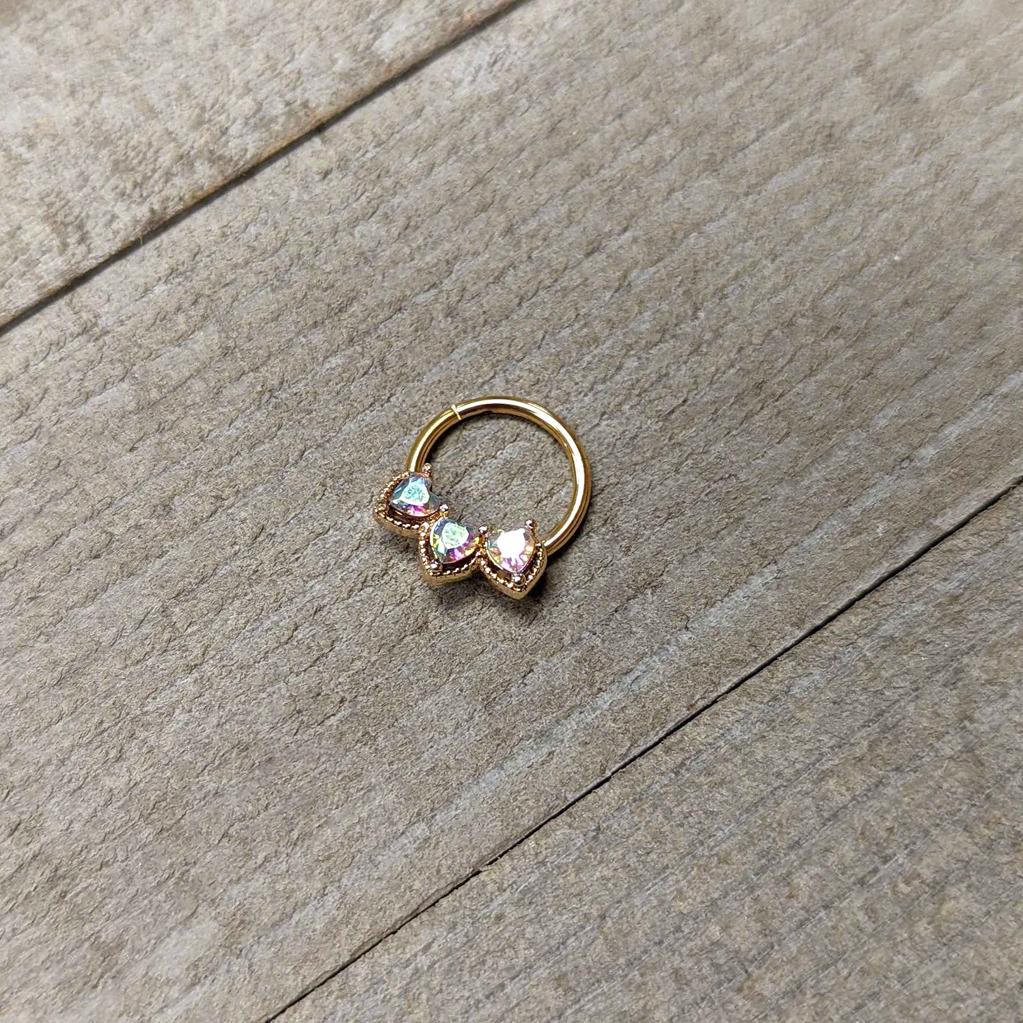 16G 3/8 Aurora Gem Gold Hue Rococo Trio Heart Hinged Segment Ring