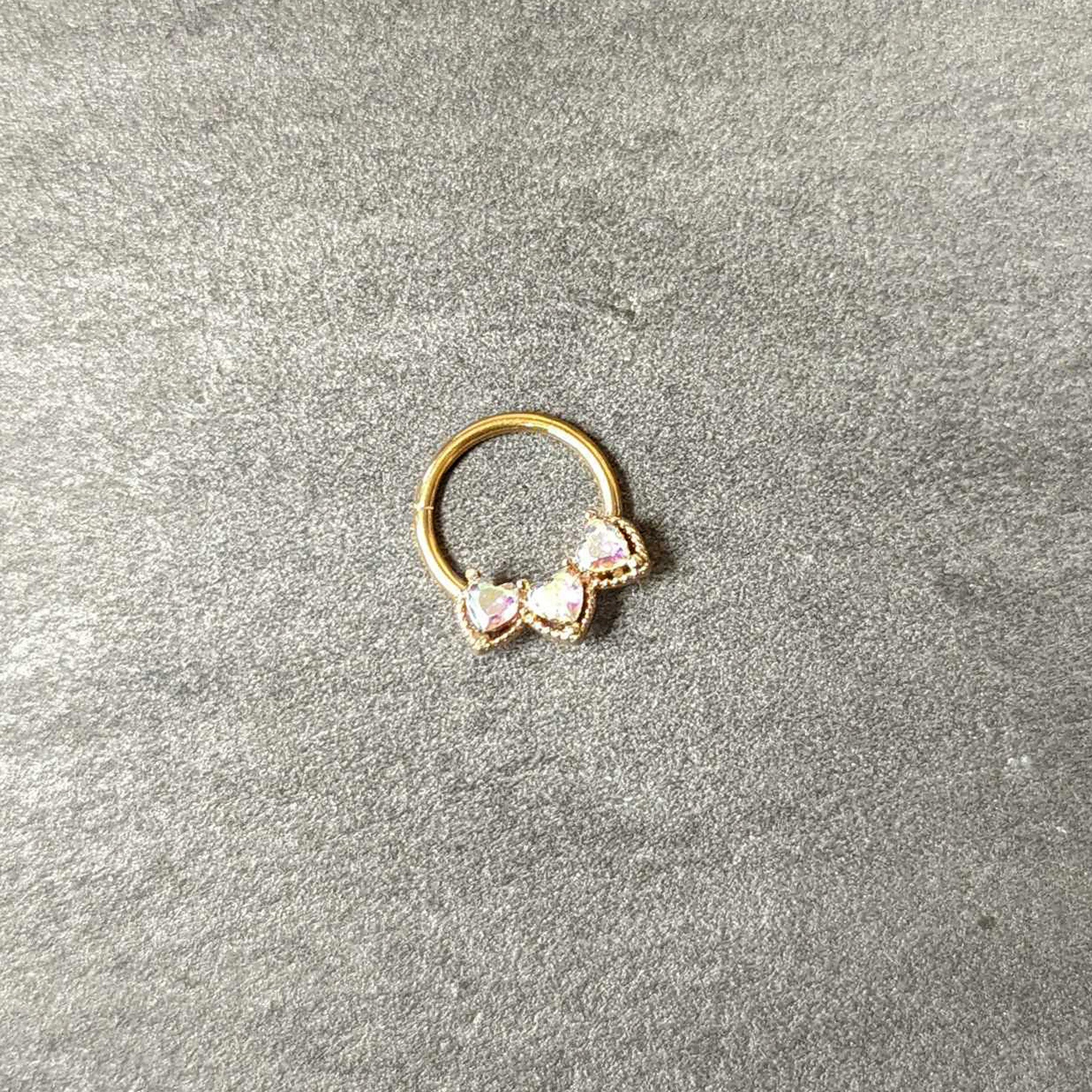 16G 3/8 Aurora Gem Gold Hue Rococo Trio Heart Hinged Segment Ring