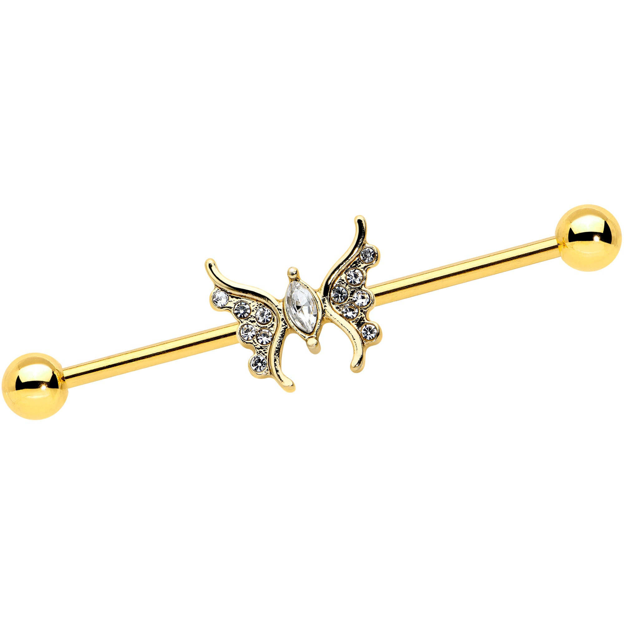 14G Clear Gem Gold Tone Swirl Butterfly Industrial Barbell 38mm