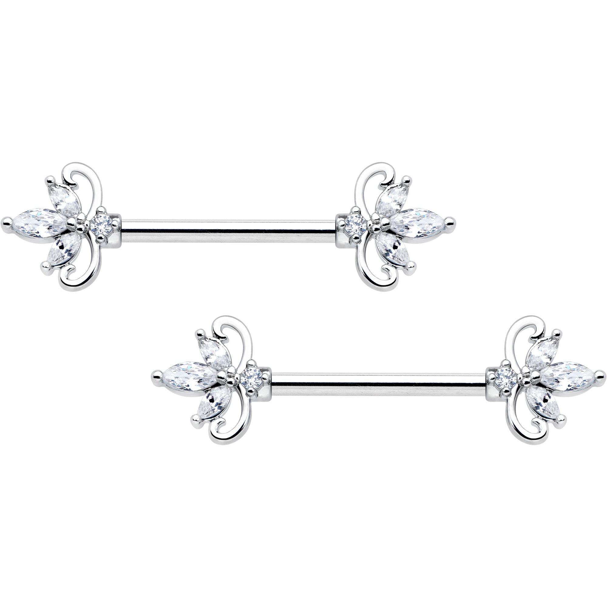 14G 9/16 Clear CZ Gem Double Heart Baroque Barbell Nipple Ring Set