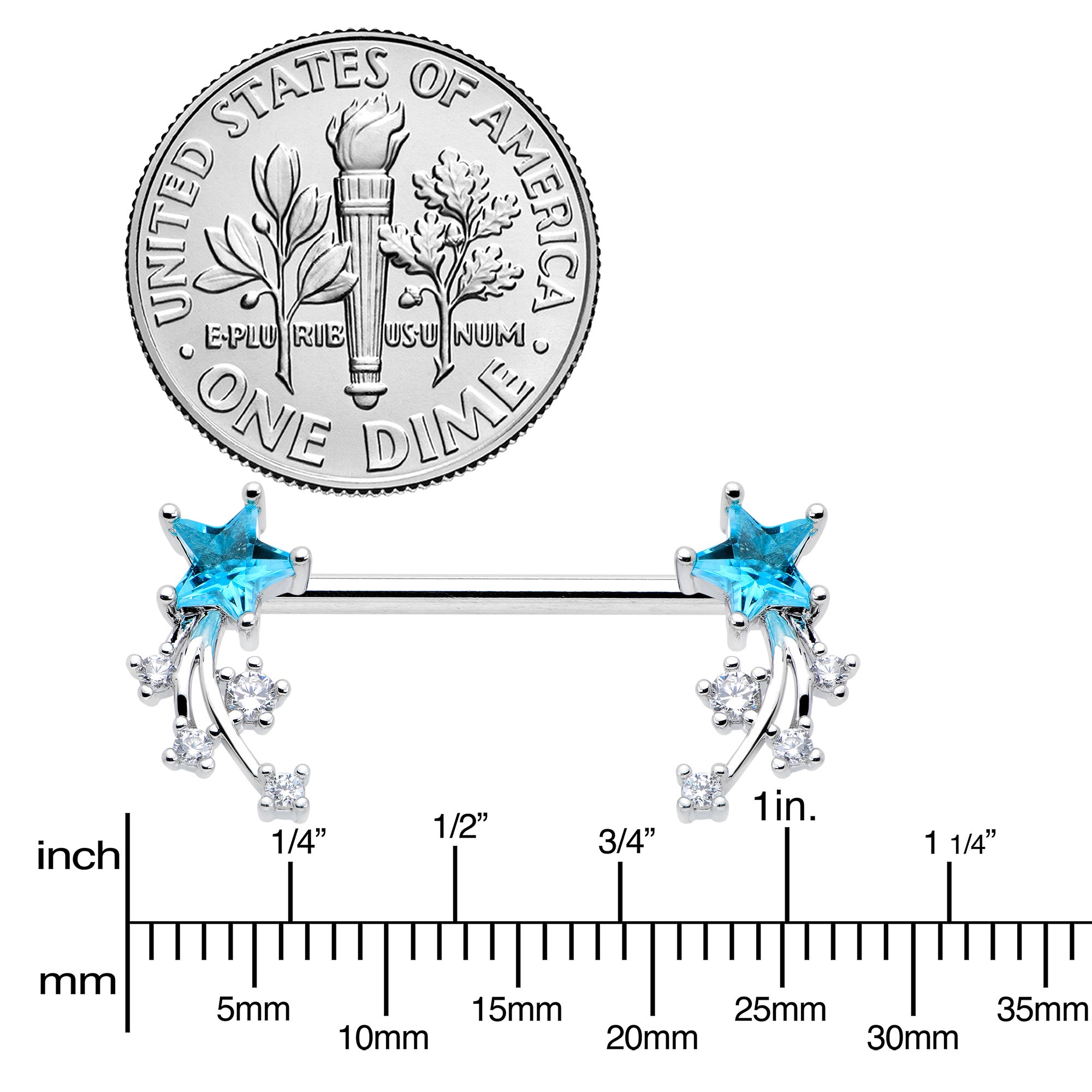 14G 9/16 Blue Clear CZ Gem Shooting Star Barbell Nipple Ring Set