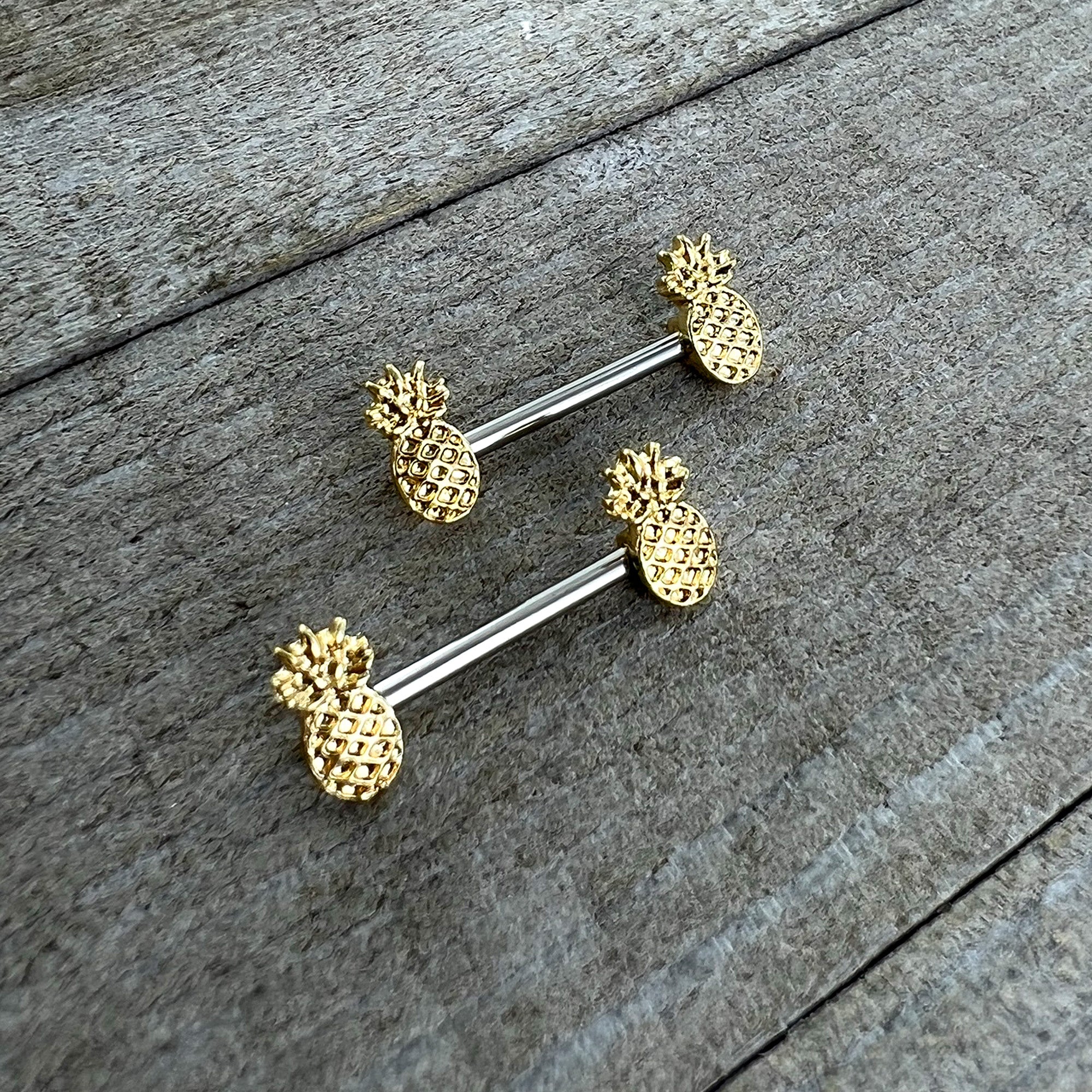14G 9/16 Lacy Golden Pineapples Barbell Nipple Ring Set