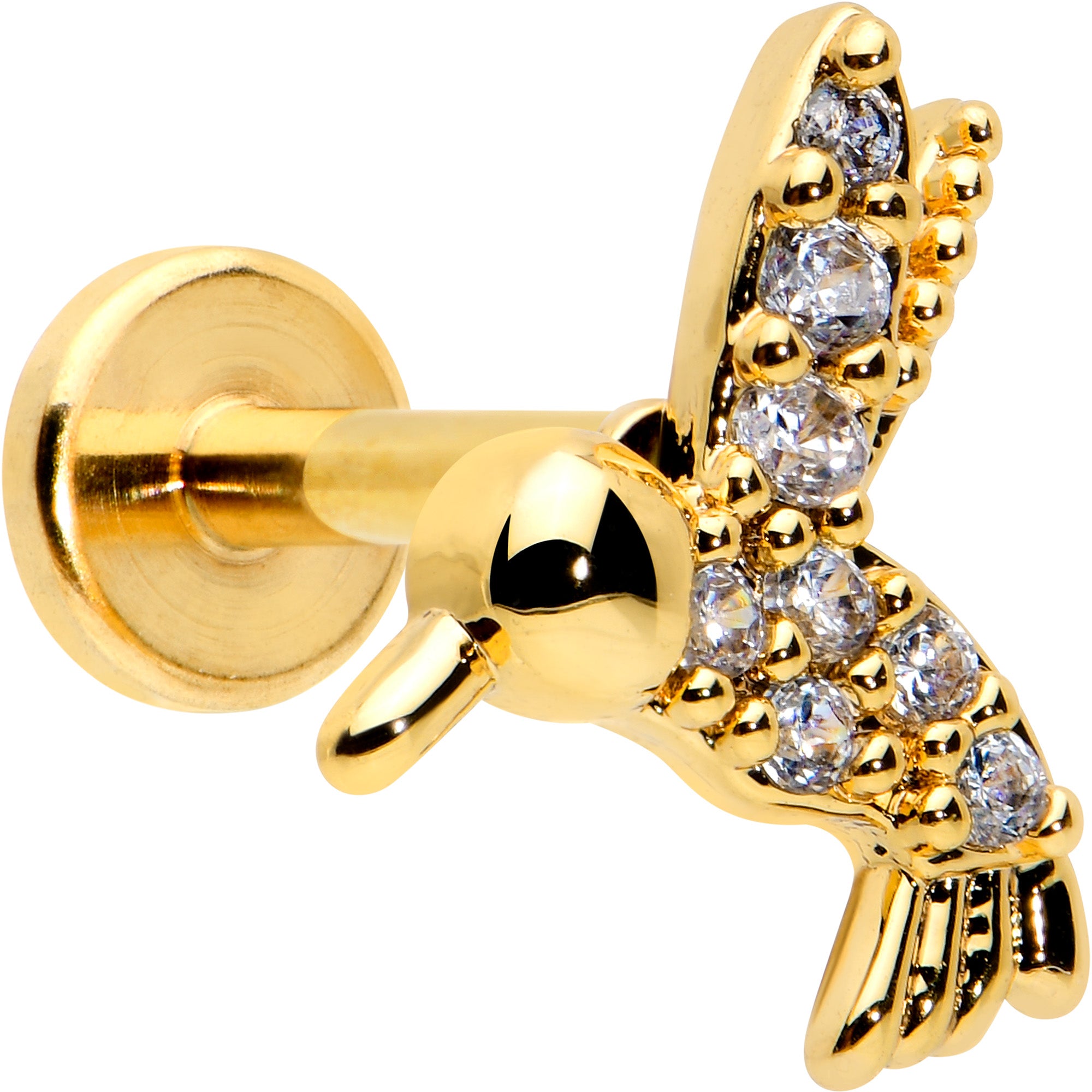 16G 1/4 Clear CZ Gem Gold Tone Interal Thread Hummingbird Labret