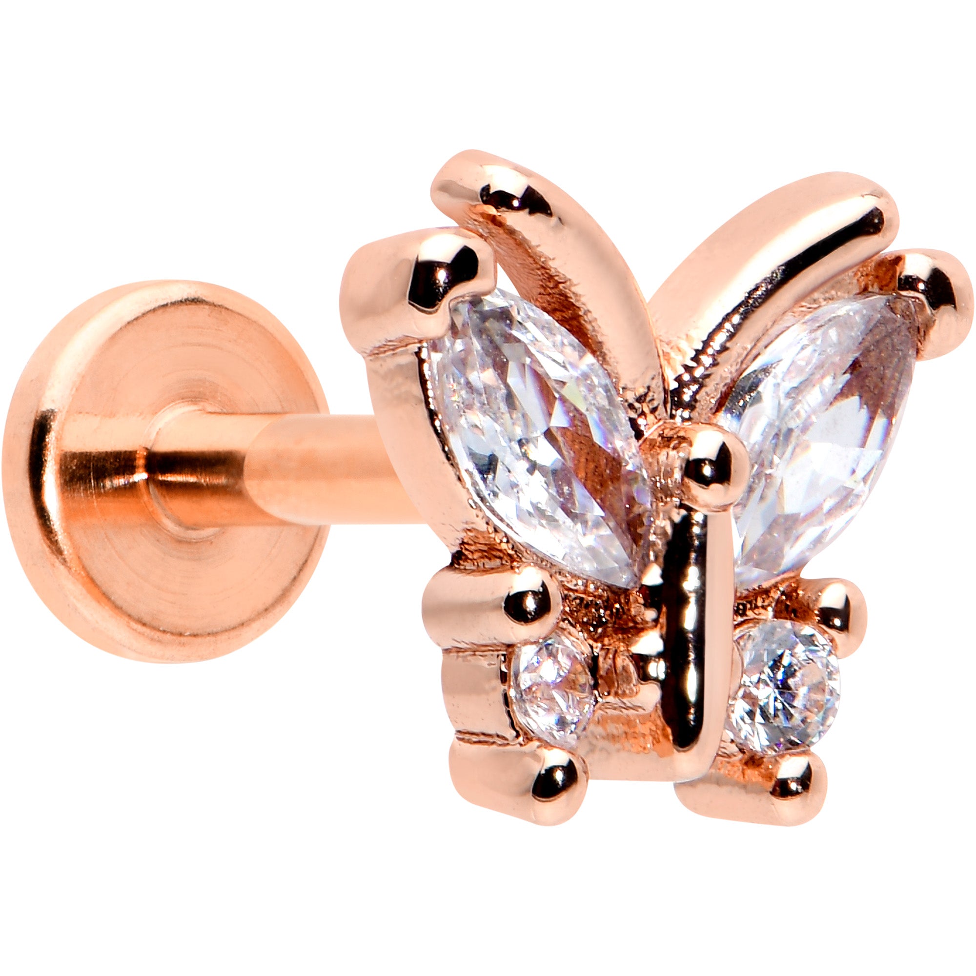 16G 1/4 Clear CZ Gem Rosy Hue Internal Thread Butterfly Labret