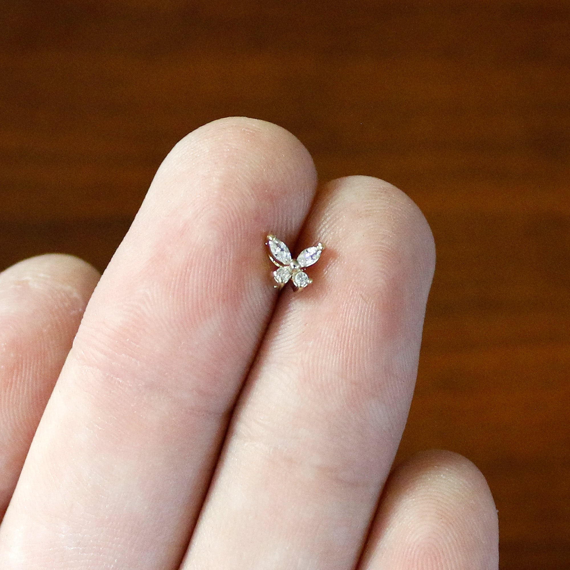 20G 1/4 Clear CZ Gem Butterfly Golden Beauty L Shape Nose Ring