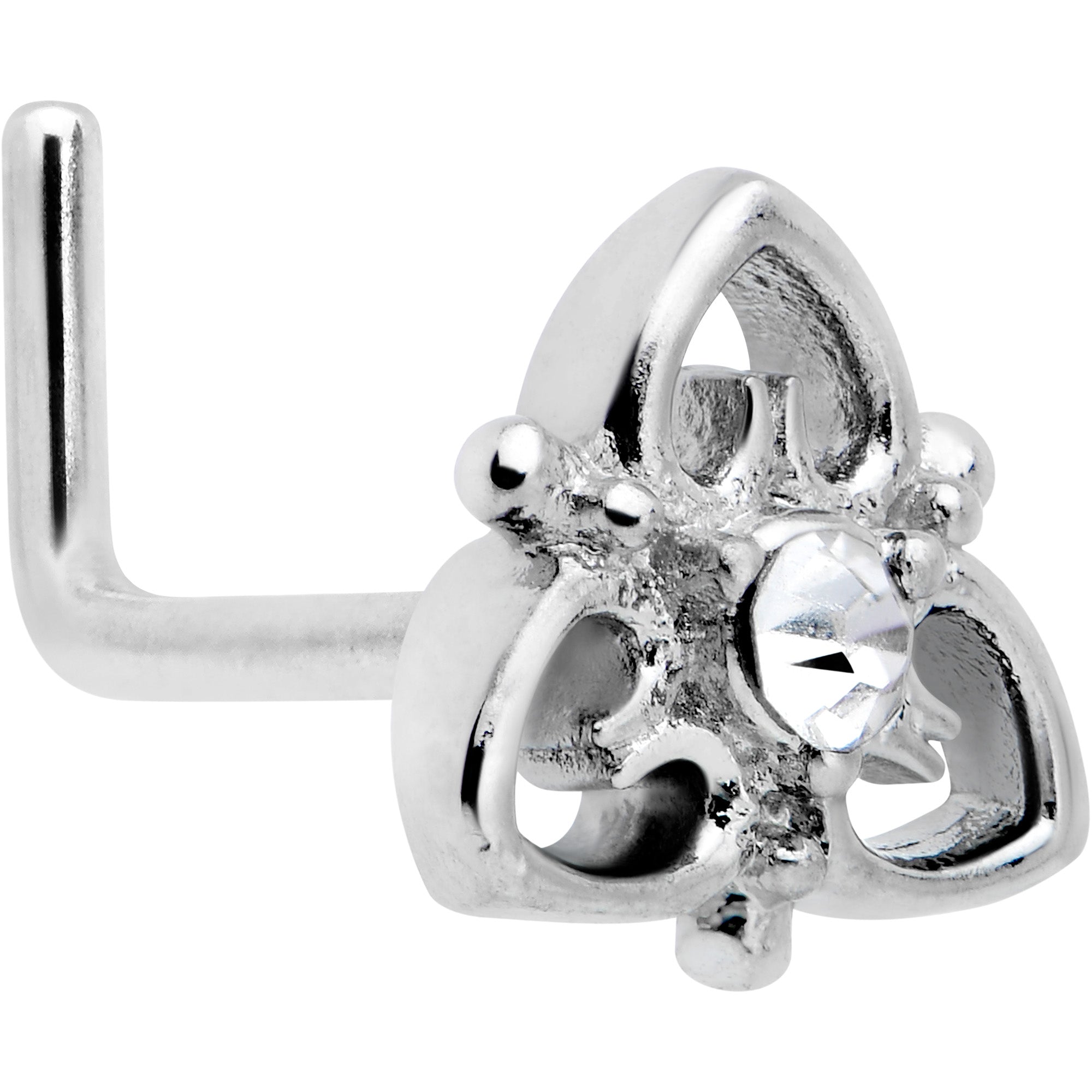 20G 1/4 Clear CZ Gem Triple Heart Triquetra L Shape Nose Ring