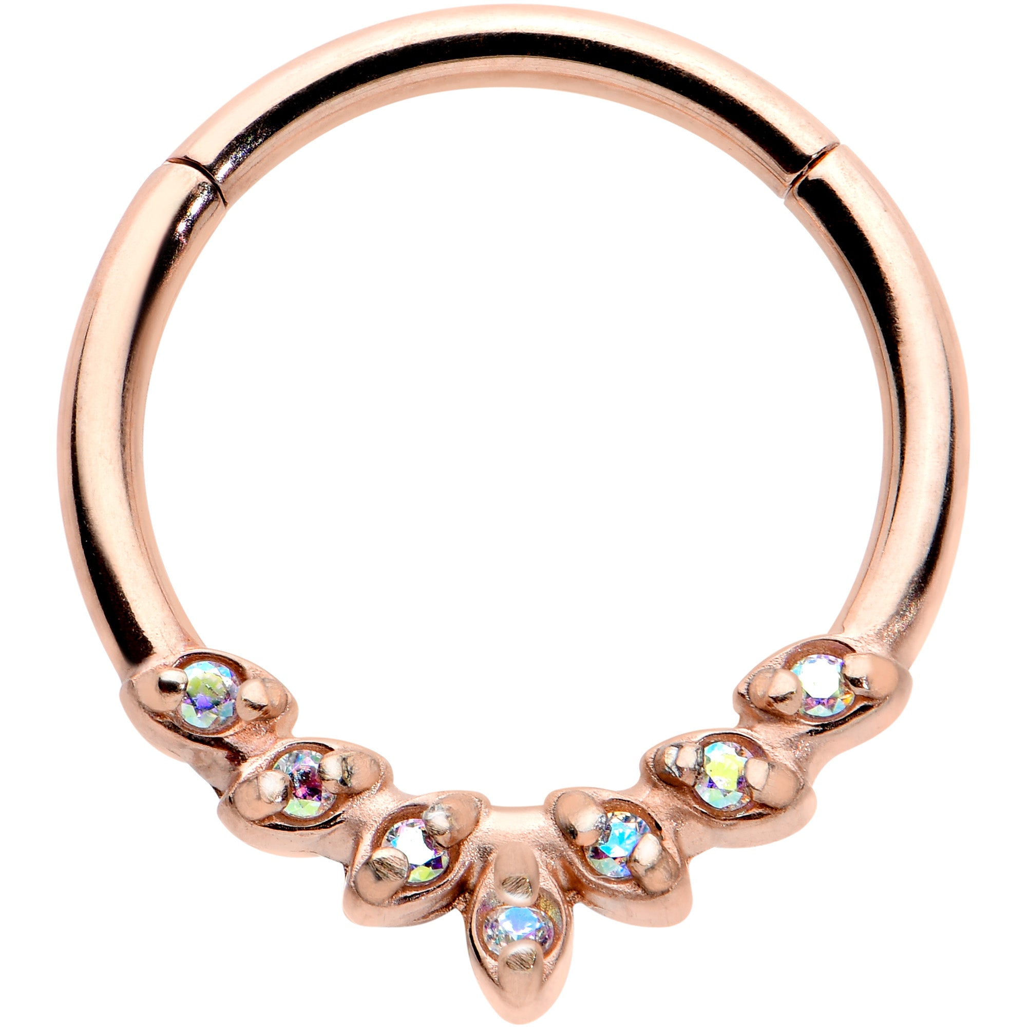 16G 3/8 Aurora CZ Gem Rose Gold Hue Seven Leaf Hinged Segment Ring