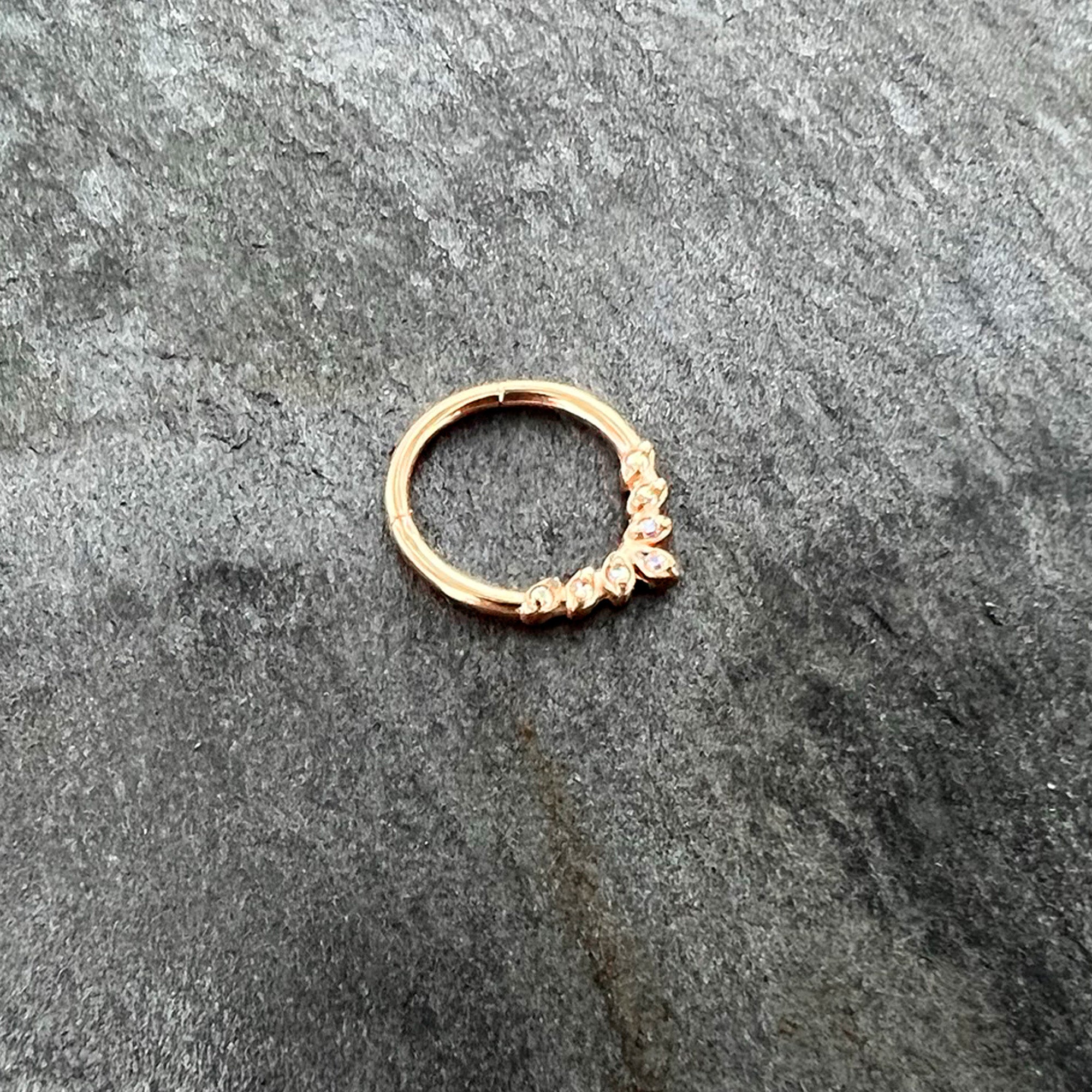16G 3/8 Aurora CZ Gem Rose Gold Hue Seven Leaf Hinged Segment Ring