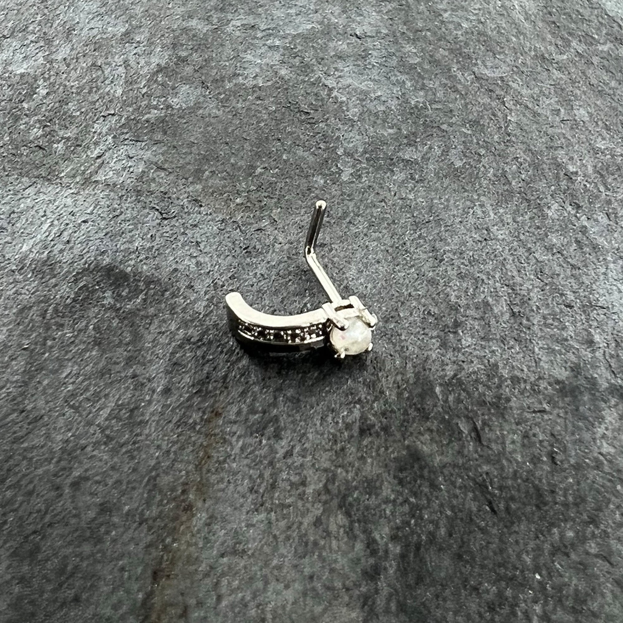 20G 1/4 White Faux Opal Texture Glam Faux Hoop L Shape Nose Ring