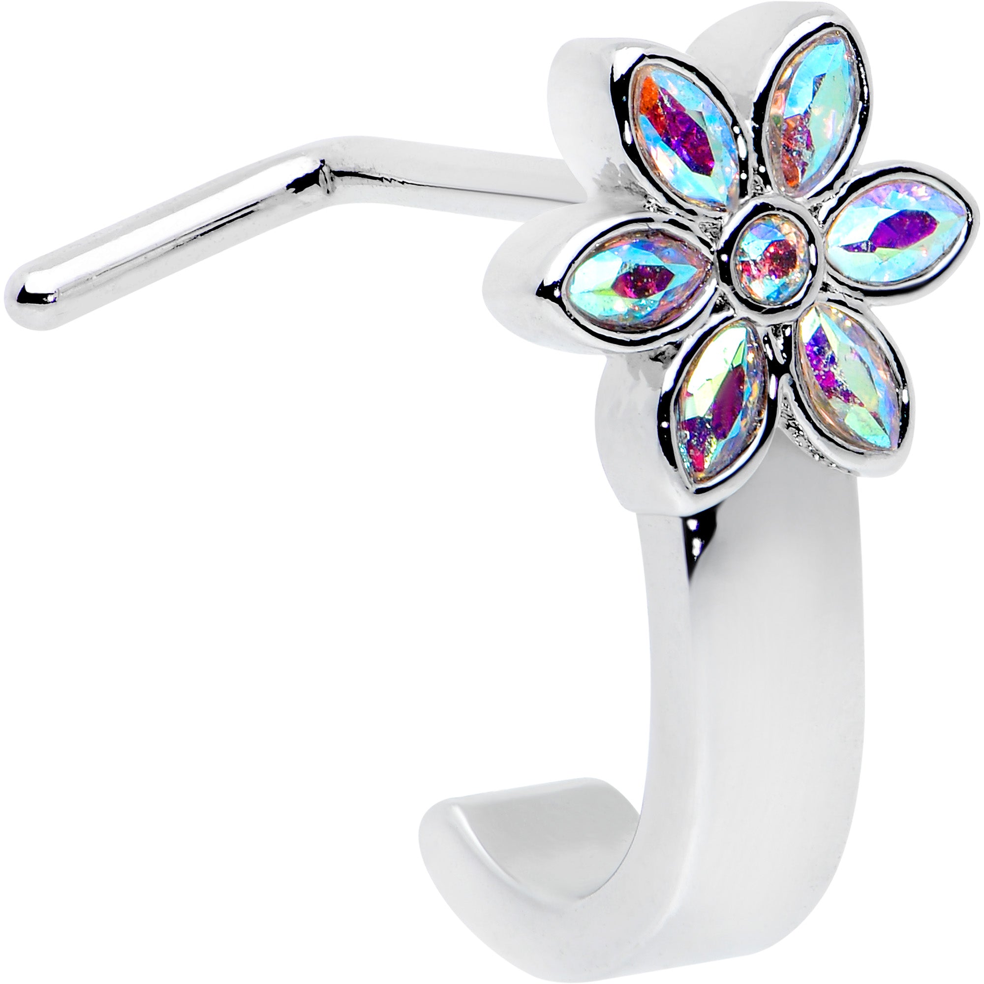 20G 1/4 Aurora Gem Fancy Flower Faux Hoop L Shape Nose Ring