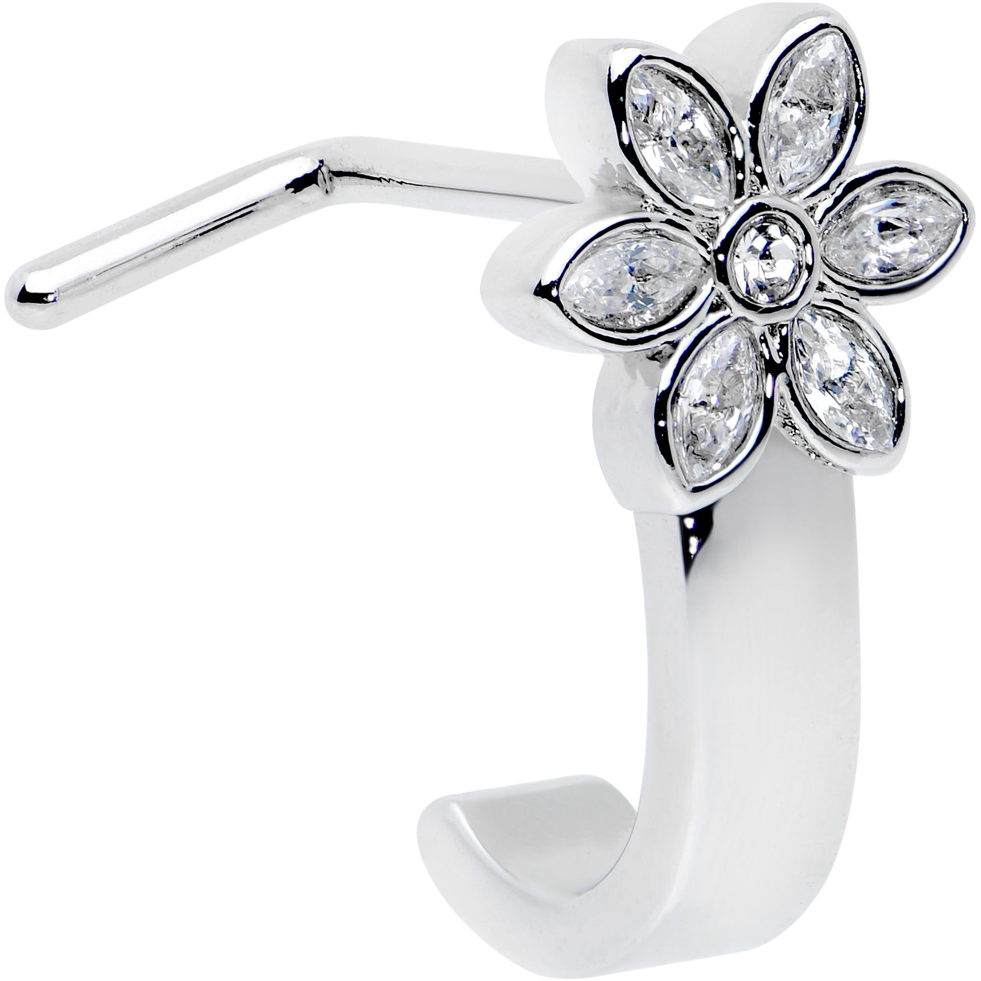 20G 1/4 Clear Gem Fancy Flower Faux Hoop L Shape Nose Ring