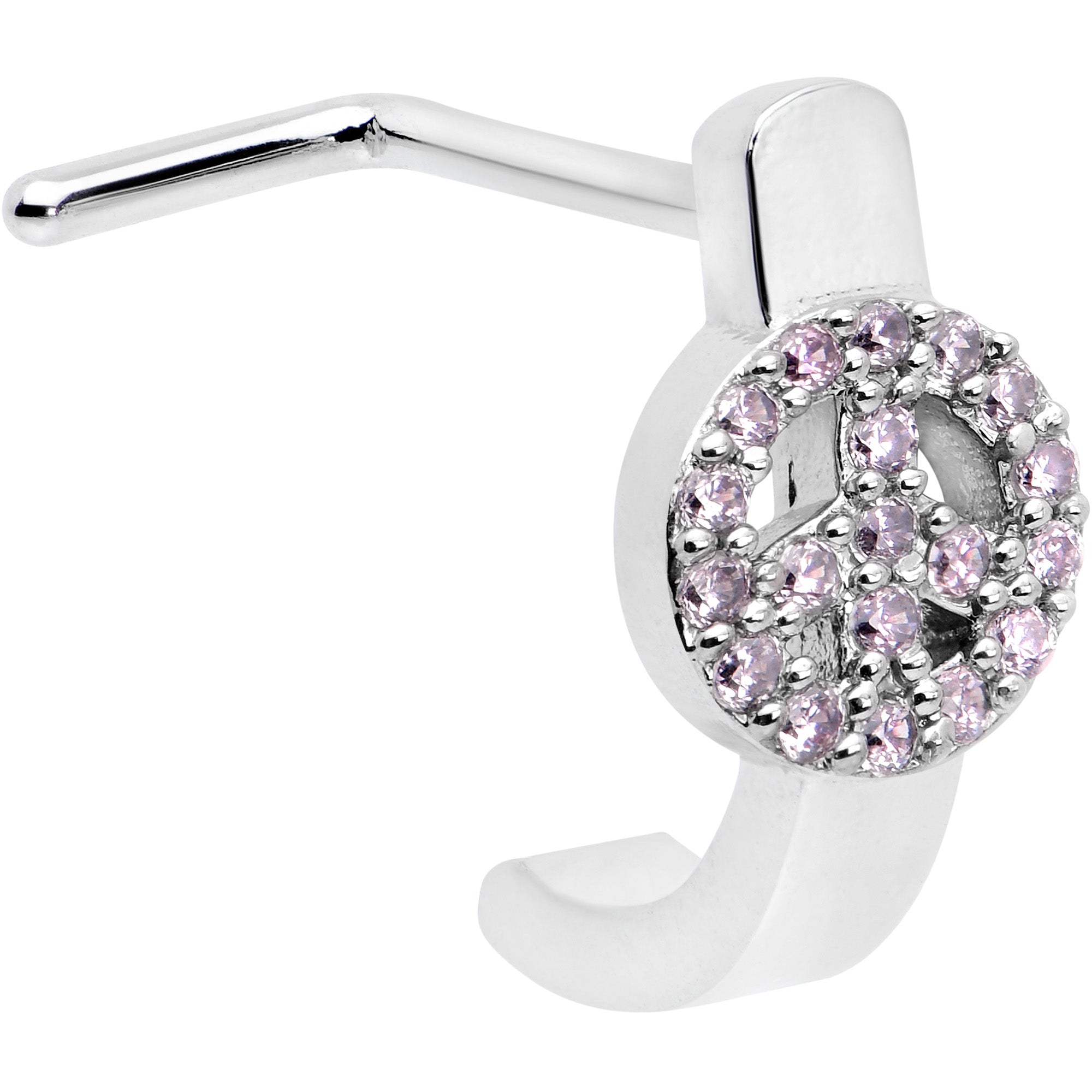 20G 5/16 Faint Pink Gem Retro Peace Sign Faux Hoop L Shape Nose Ring
