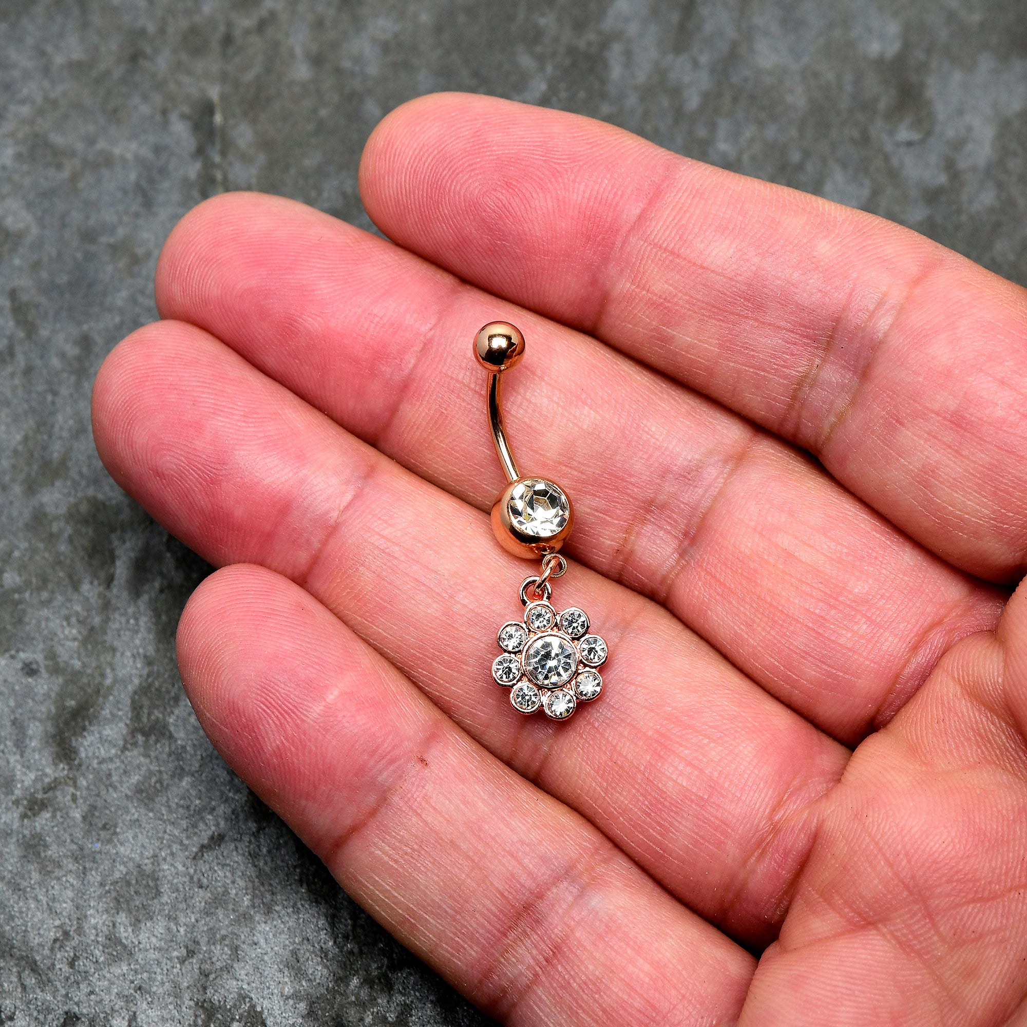 Clear Gem Rose Gold Tone Whimsy Flower Dangle Belly Ring