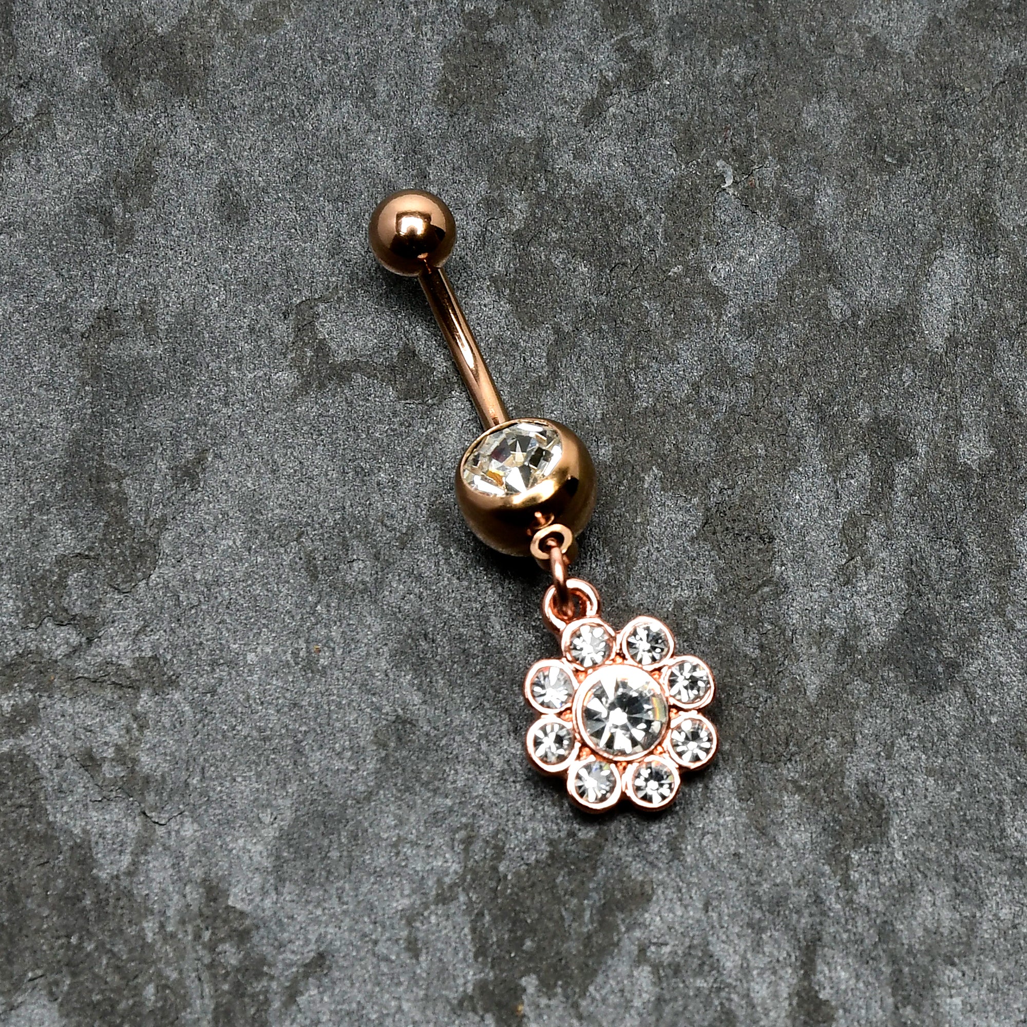 Clear Gem Rose Gold Tone Whimsy Flower Dangle Belly Ring