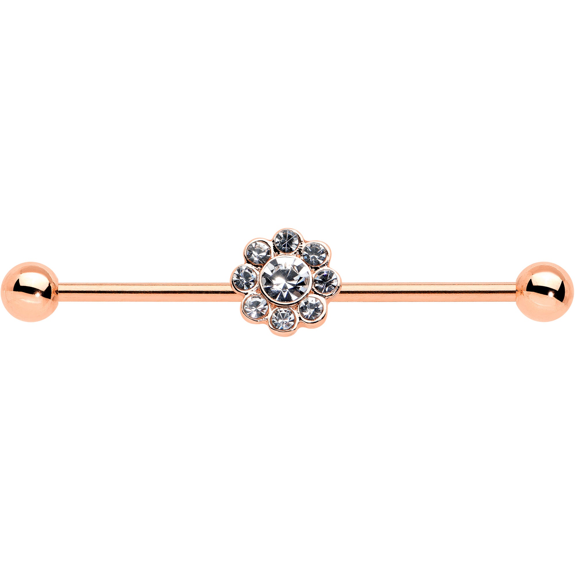 14G Clear Gem Rose Gold Hue Whimsy Flower Industrial Barbell 38mm