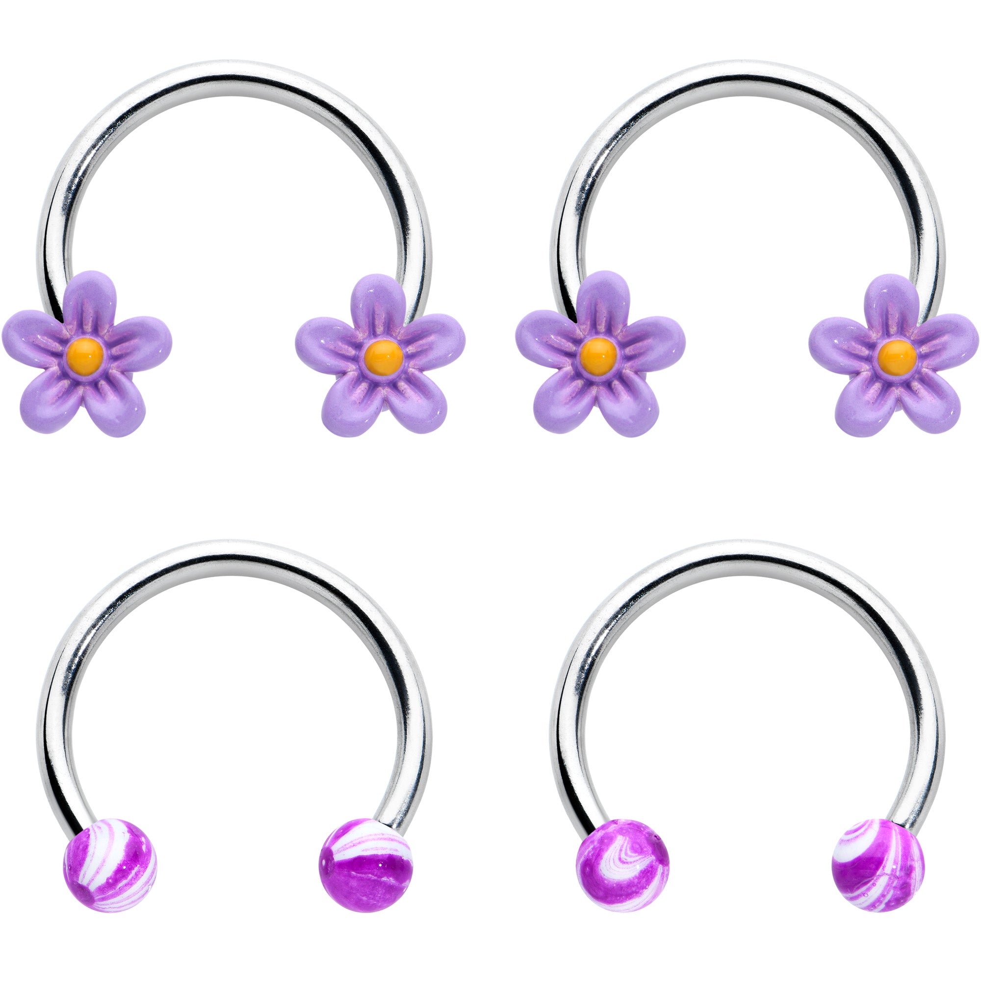 16G 3/8 Purple Ball Flowers Horseshoe Circular Barbell Set of 4